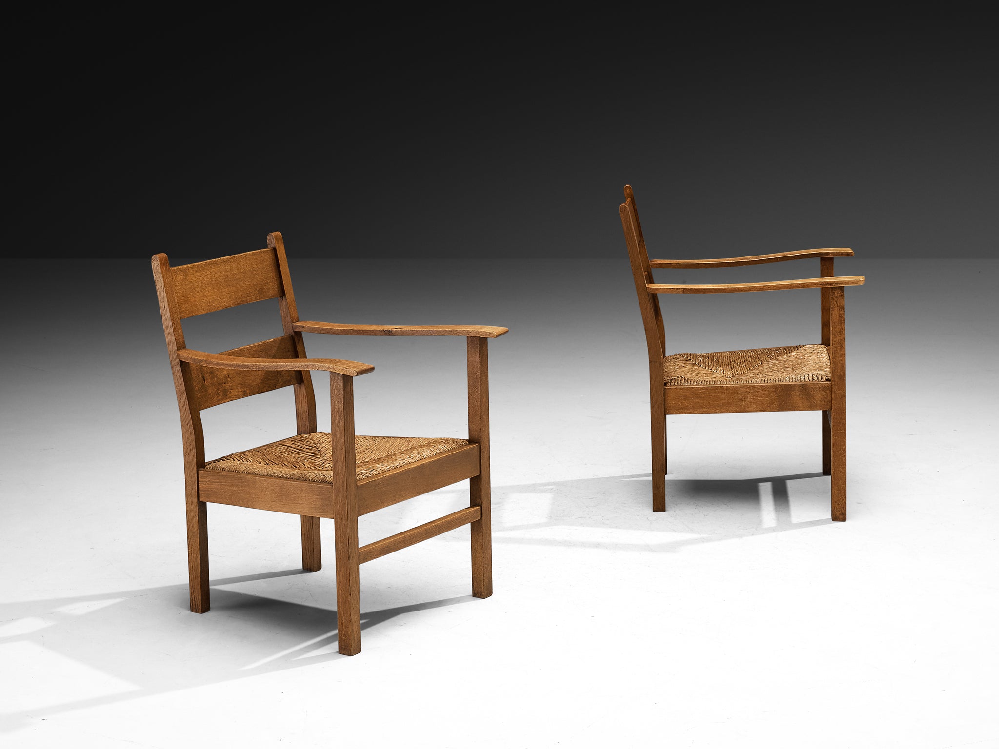 Pair of Dutch Rustic Armchairs in Solid Oak and Straw Seating Morentz