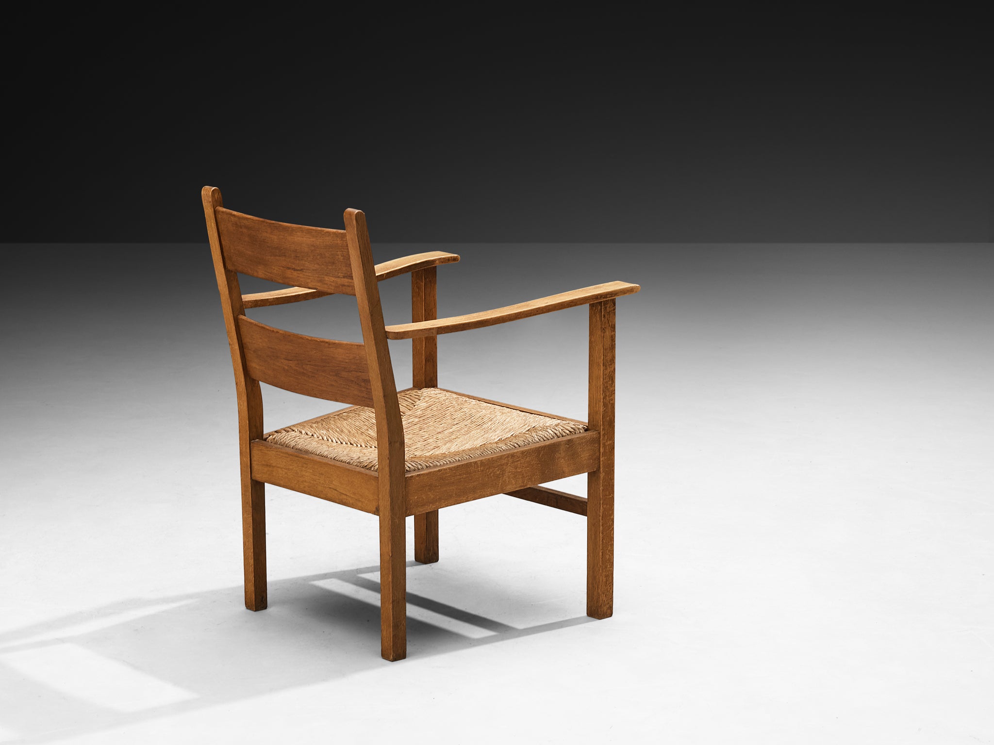 Pair of Dutch Rustic Armchairs in Solid Oak and Straw Seating Morentz