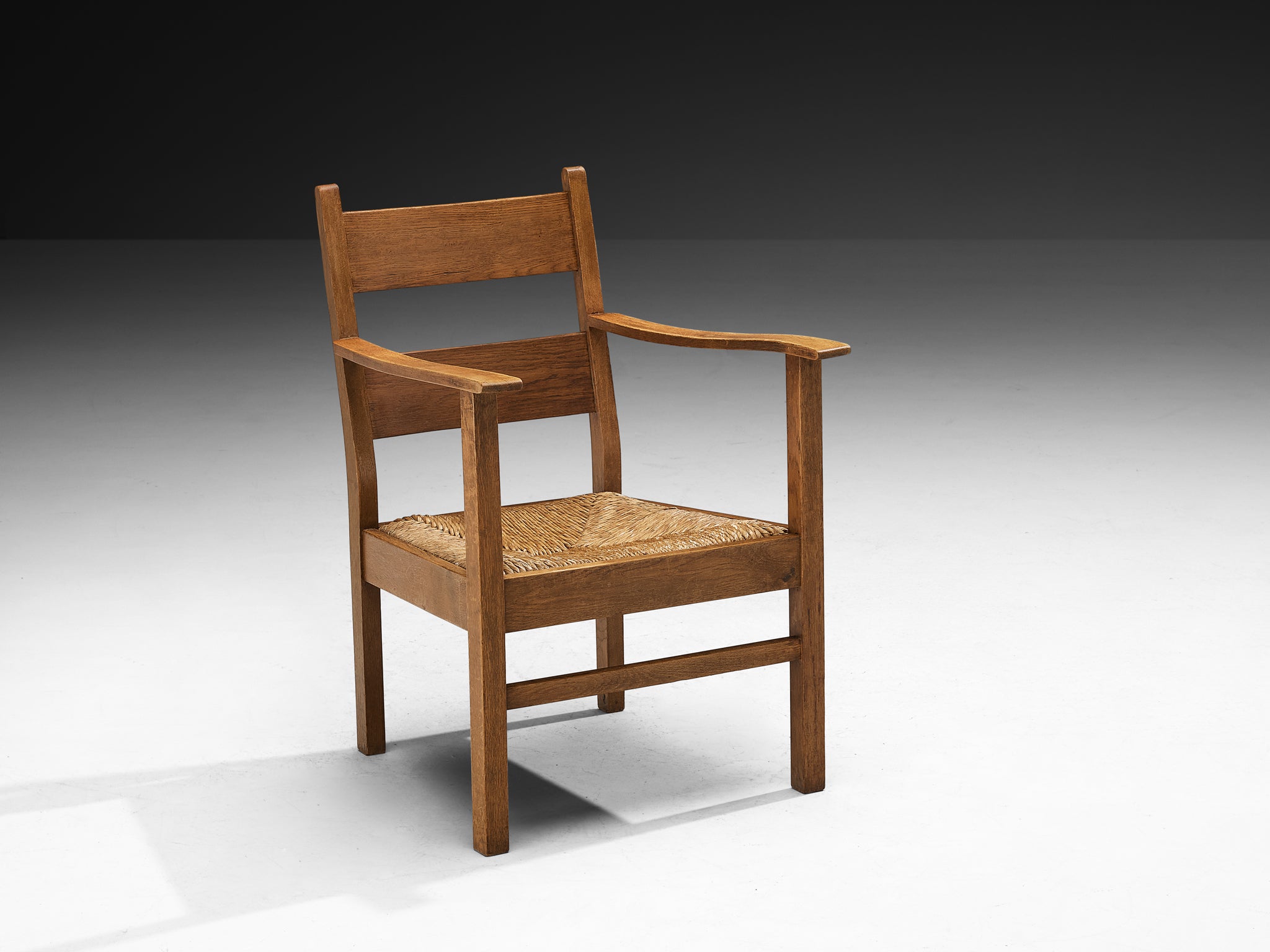 Pair of Dutch Rustic Armchairs in Solid Oak and Straw Seating Morentz