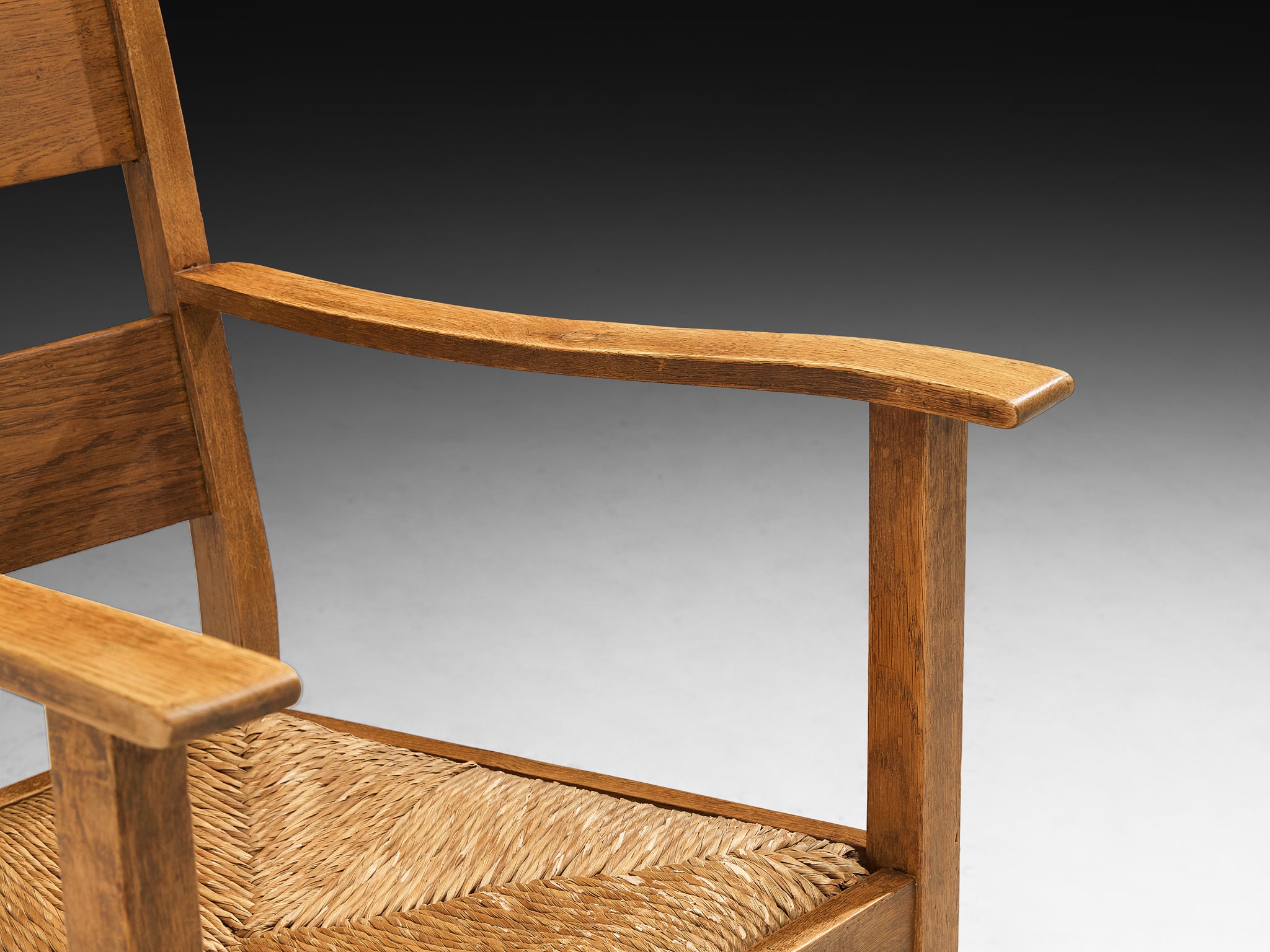 Pair of Dutch Rustic Armchairs in Solid Oak and Straw Seating Morentz