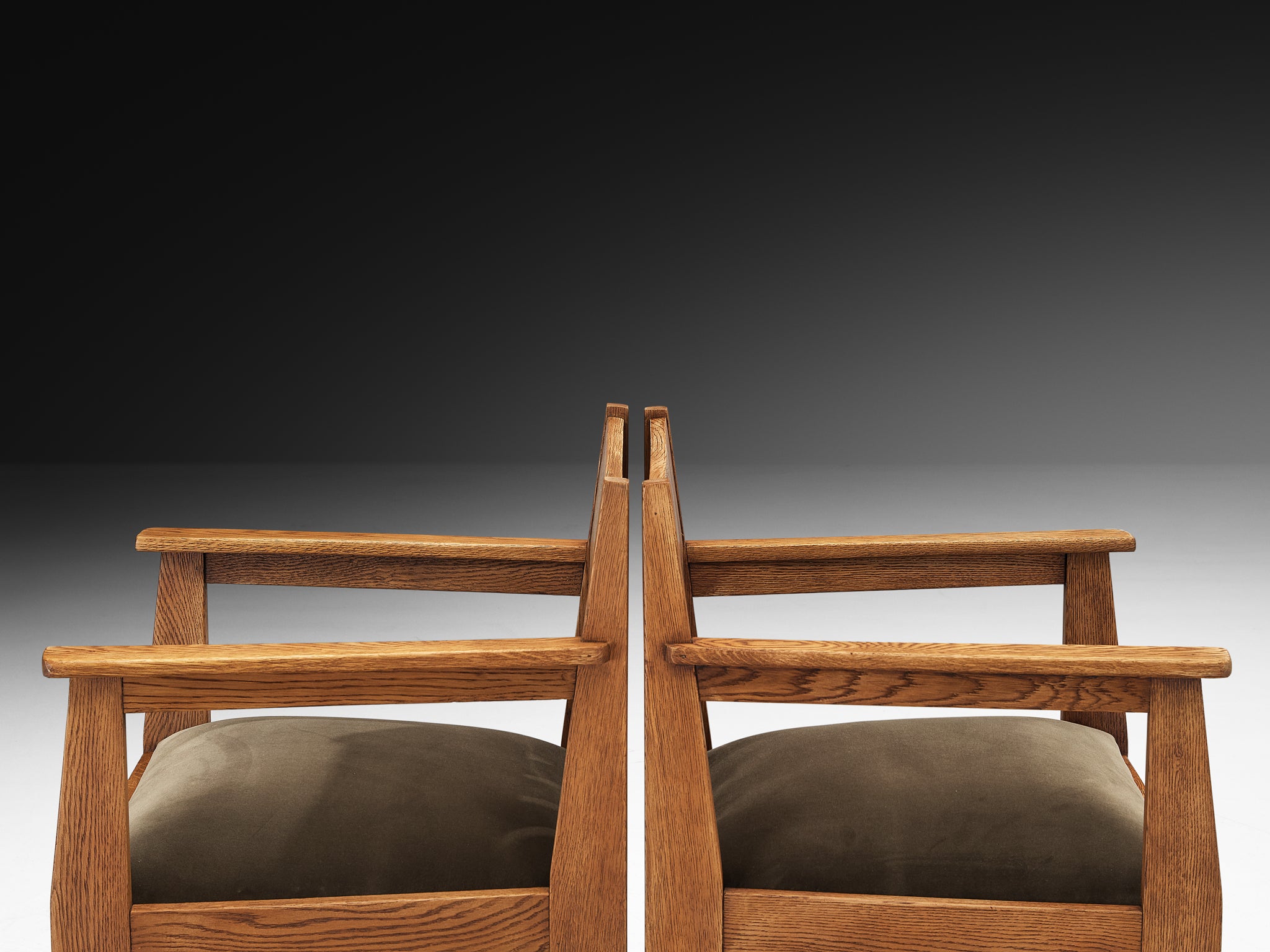 Haagse School Pair of Lounge Chairs in Oak and Green Fabric Seating Morentz