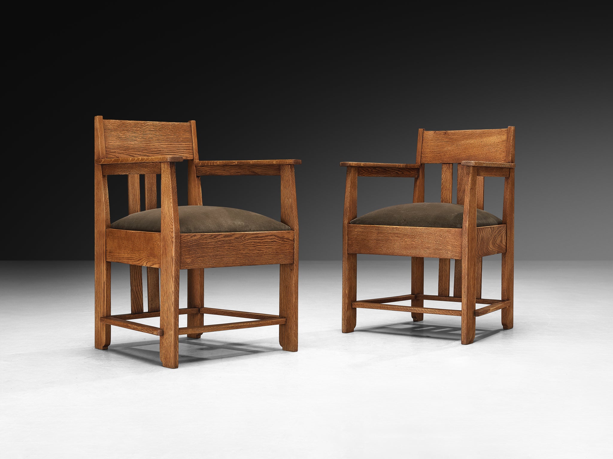 Haagse School Pair of Lounge Chairs in Oak and Green Fabric Seating Morentz