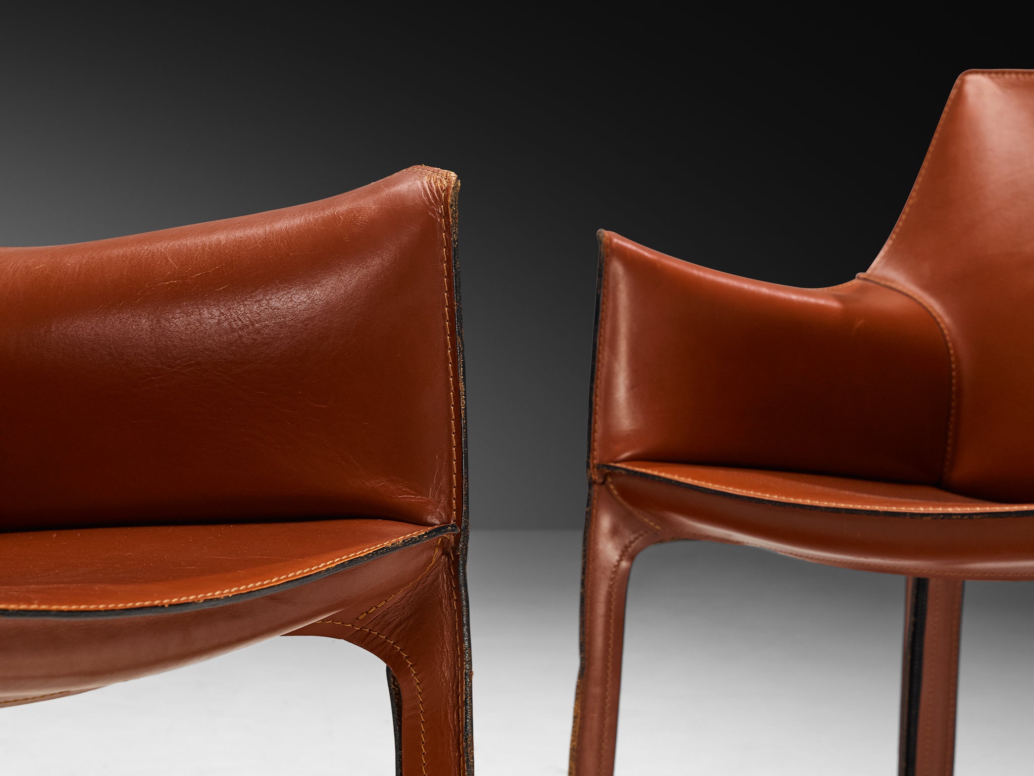 Mario Bellini for Cassina 'CAB 413' Dining Chairs in Burnt Orange Leather Seating Morentz