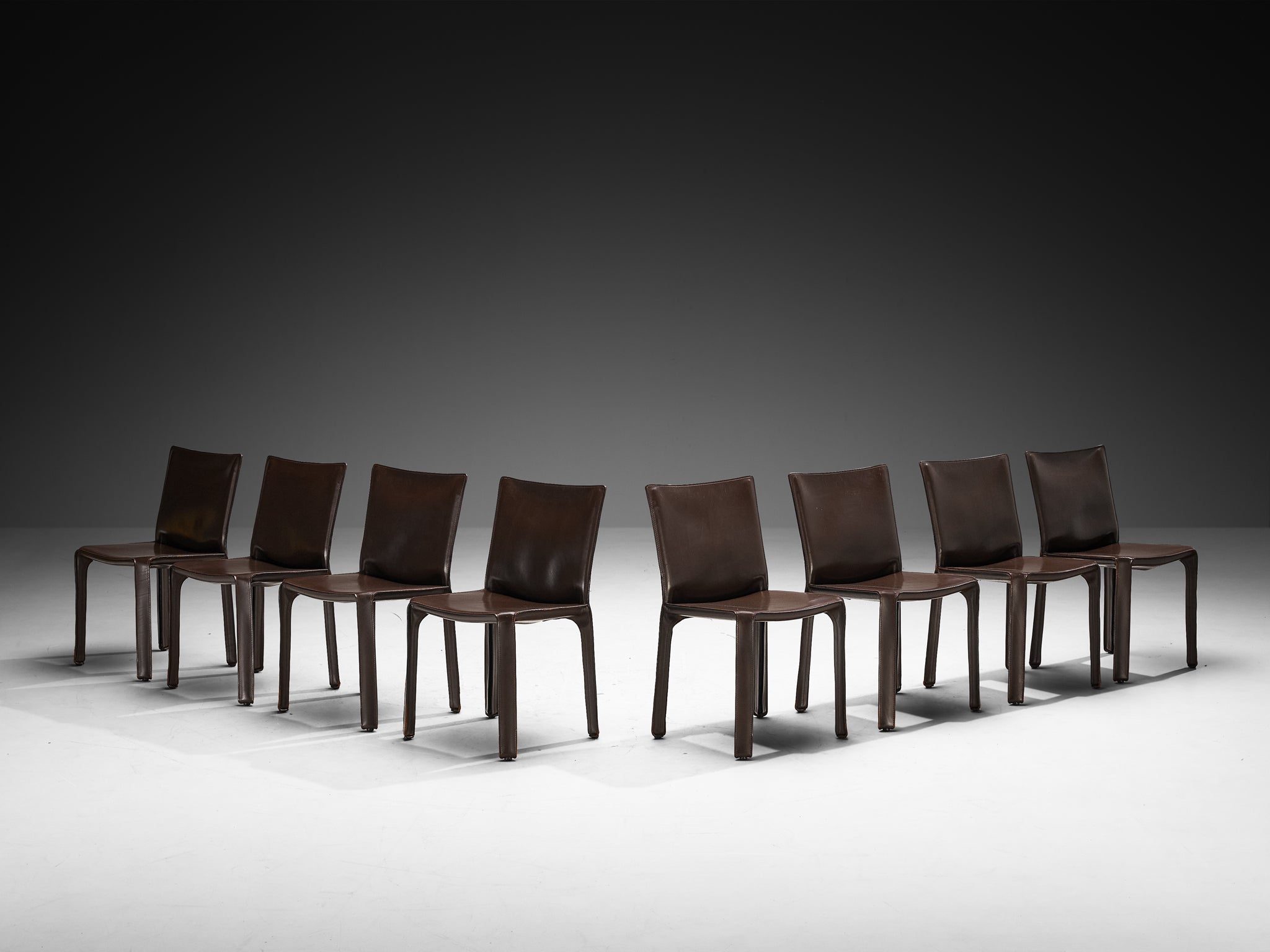 Mario Bellini for Cassina Set of Eight 'Cab' Dining Chairs in Brown Leather Seating Morentz