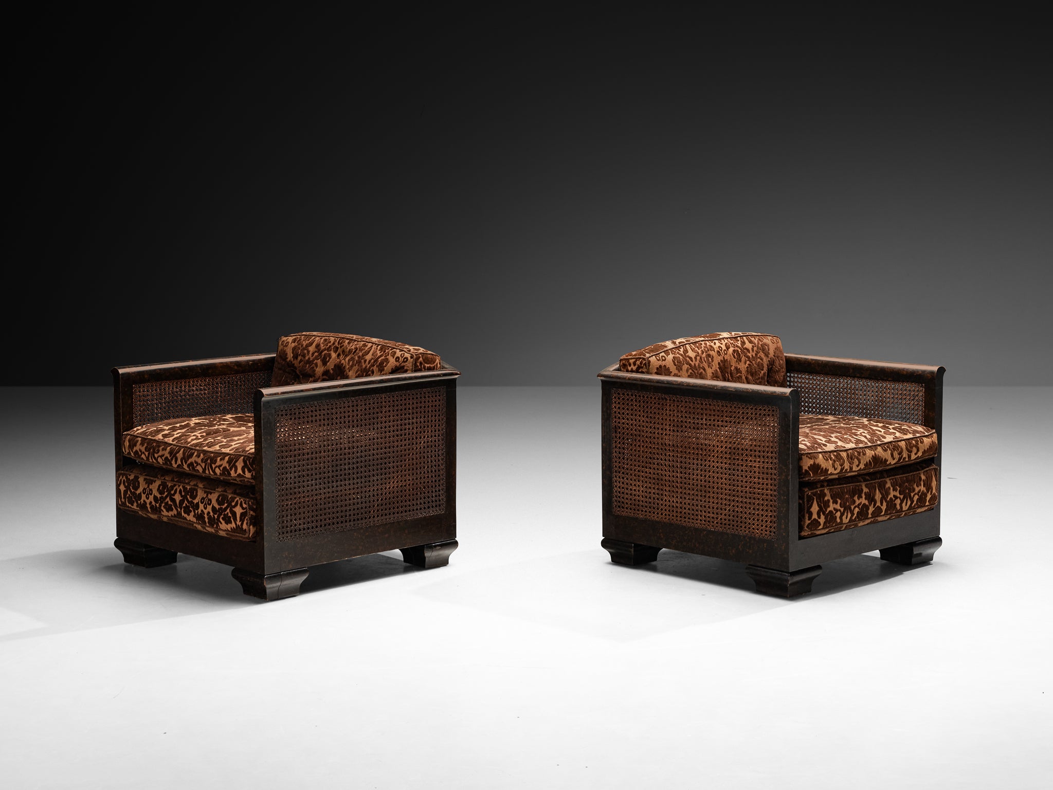 Pair of Art Deco Lounge Chairs in Wood and Cane Seating Morentz