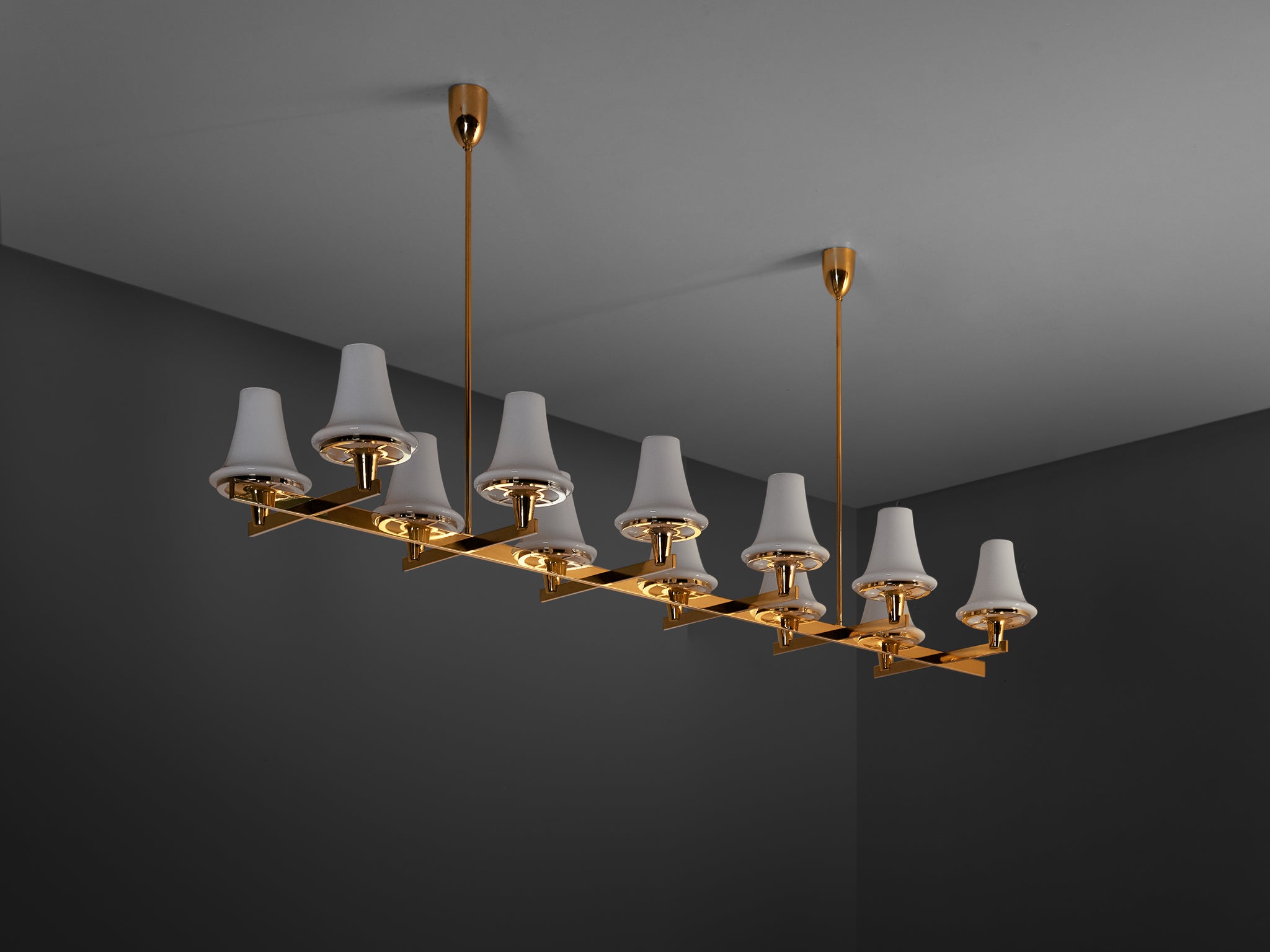 Hans-Agne Jakobsson 'C1280' Chandelier in Brass and White Glass 8.2ft Lighting Morentz