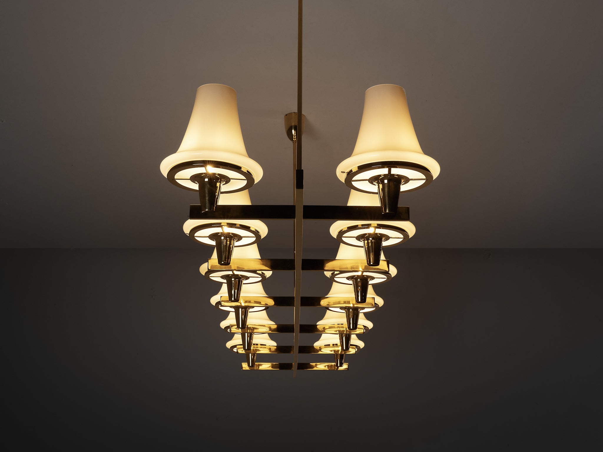 Hans-Agne Jakobsson 'C1280' Chandelier in Brass and White Glass 8.2ft Lighting Morentz