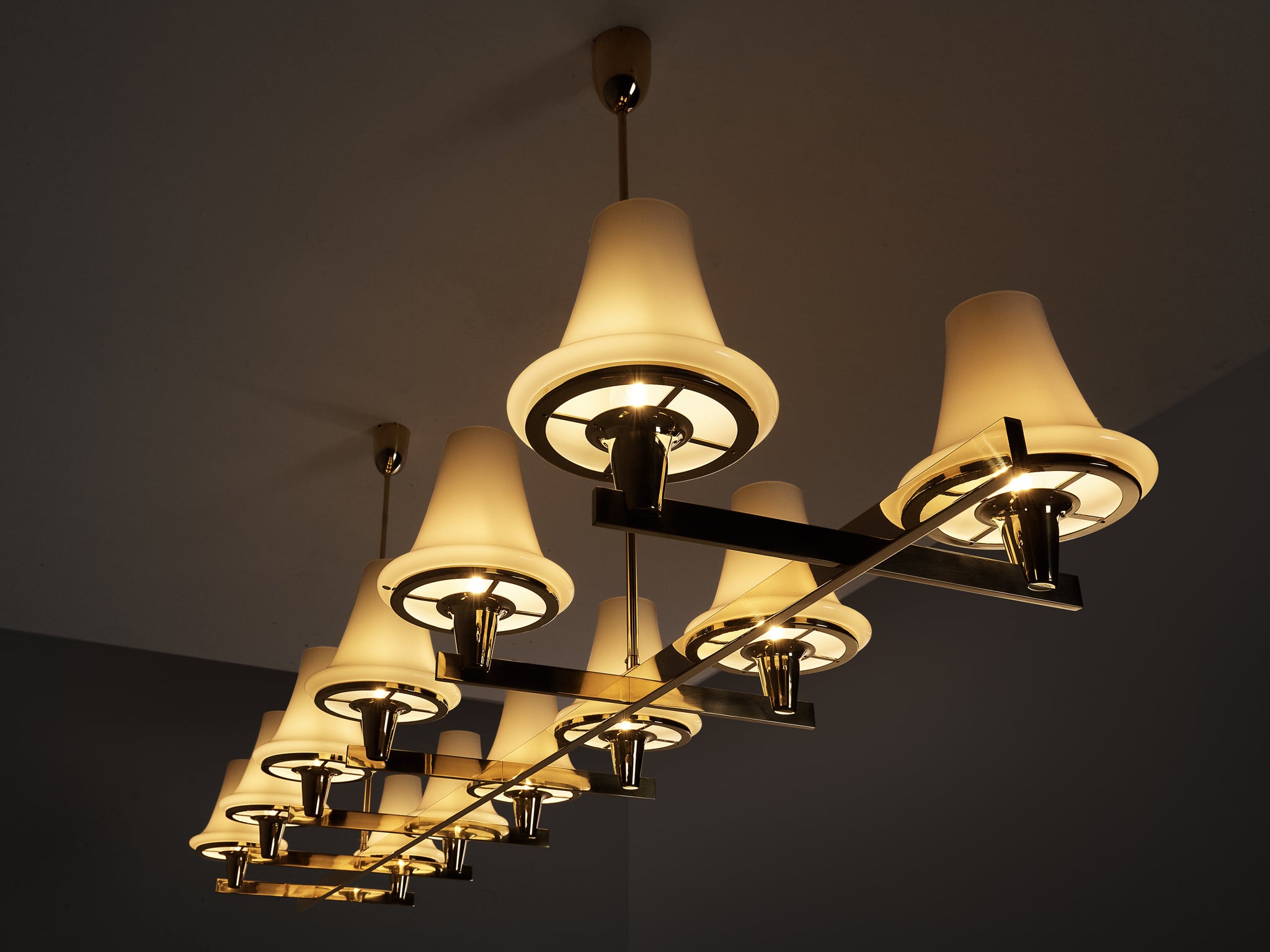 Hans-Agne Jakobsson 'C1280' Chandelier in Brass and White Glass 8.2ft Lighting Morentz