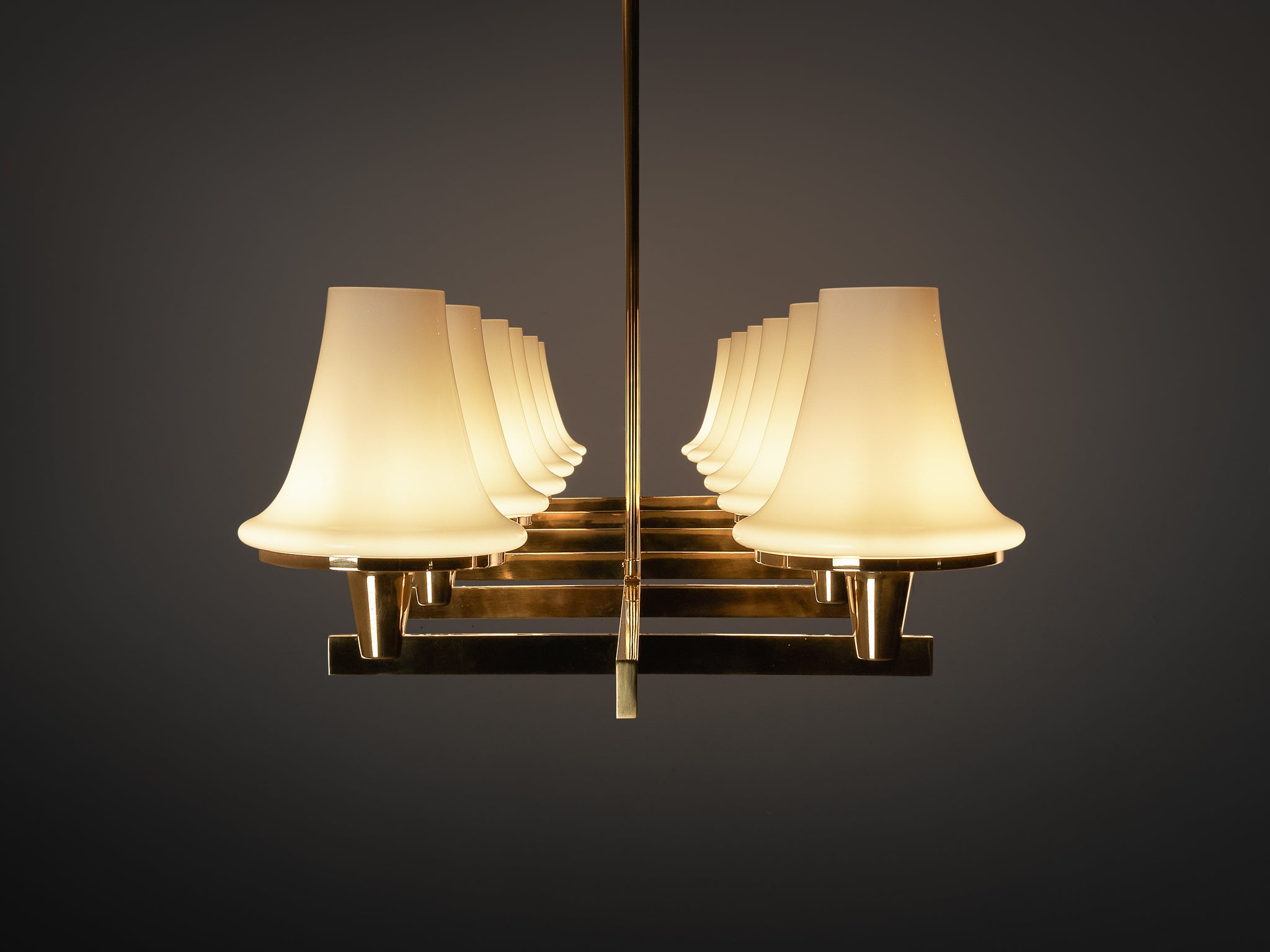 Hans-Agne Jakobsson 'C1280' Chandelier in Brass and White Glass 8.2ft Lighting Morentz