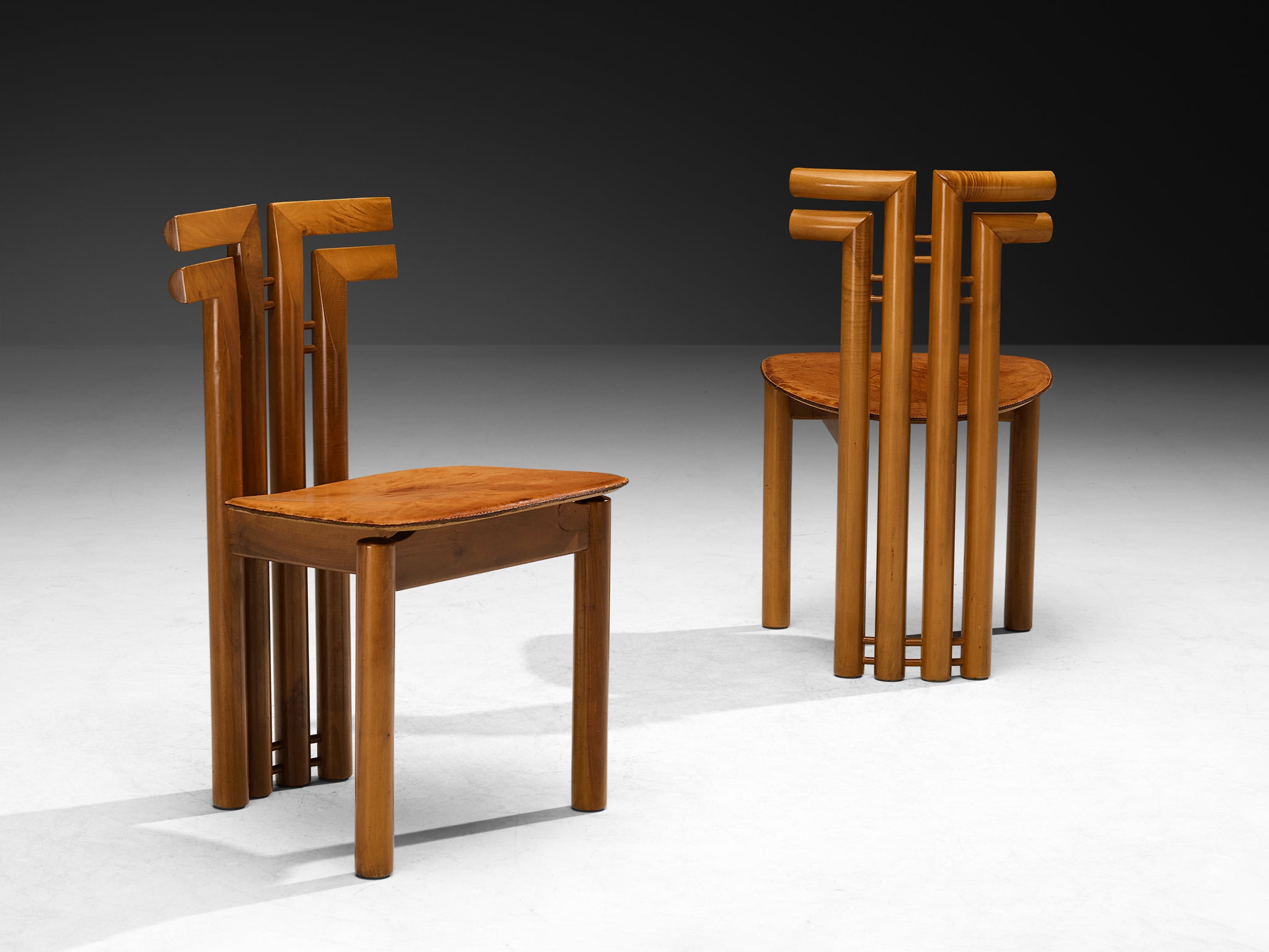 Post-Modern Italian Dining Chairs in Walnut and Cognac Leather Seating Morentz