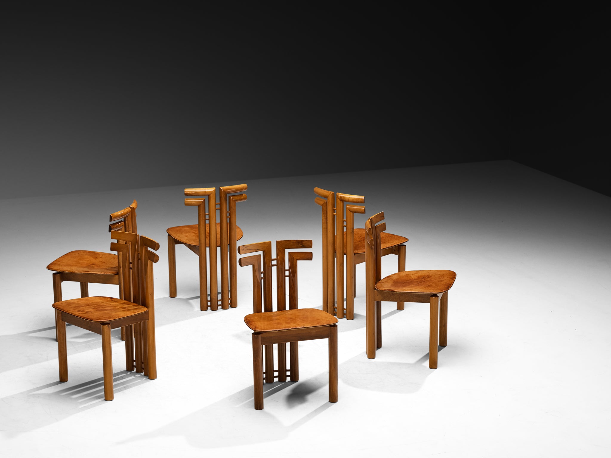 Post-Modern Italian Dining Chairs in Walnut and Cognac Leather Seating Morentz