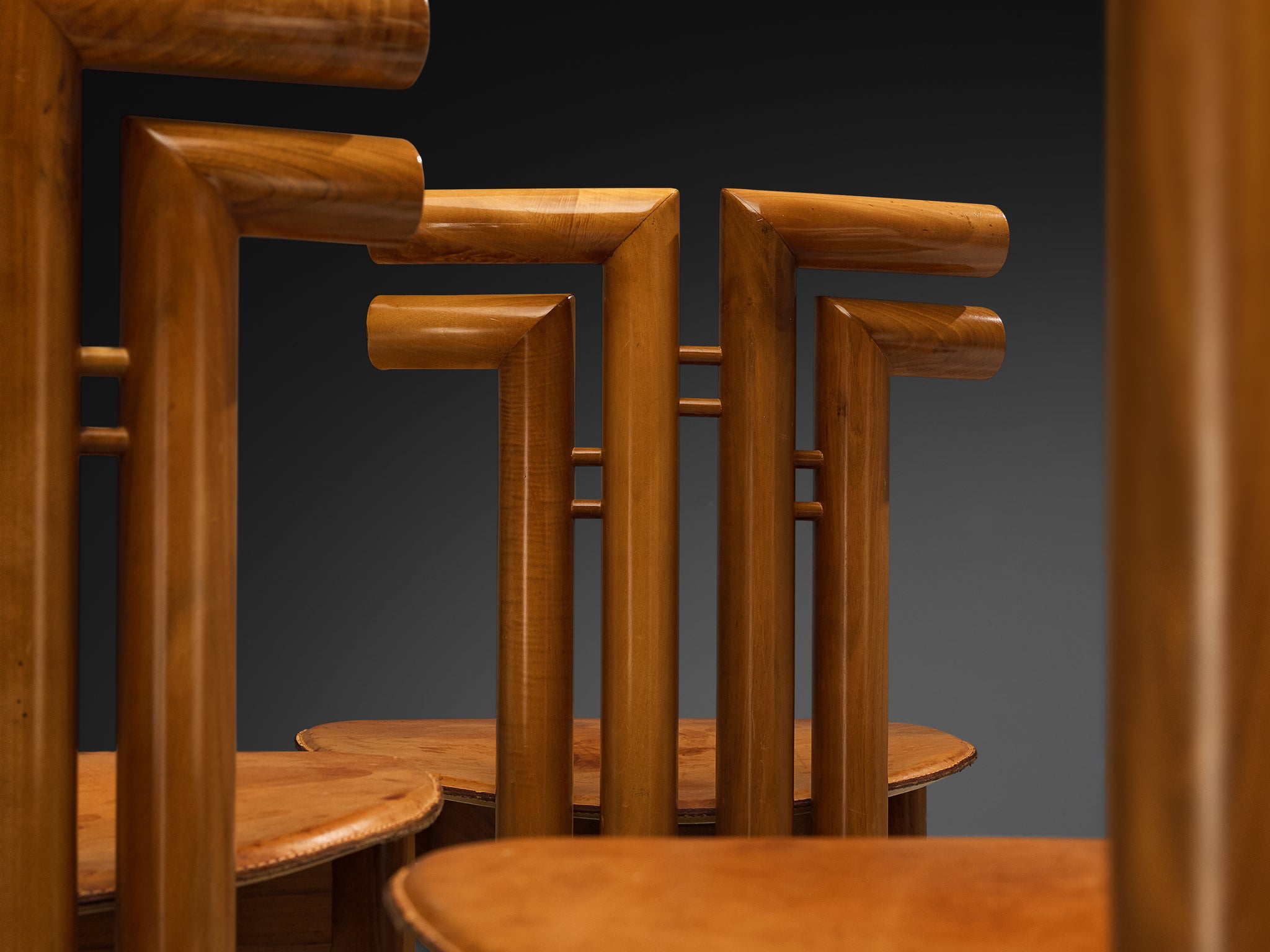 Post-Modern Italian Dining Chairs in Walnut and Cognac Leather Seating Morentz