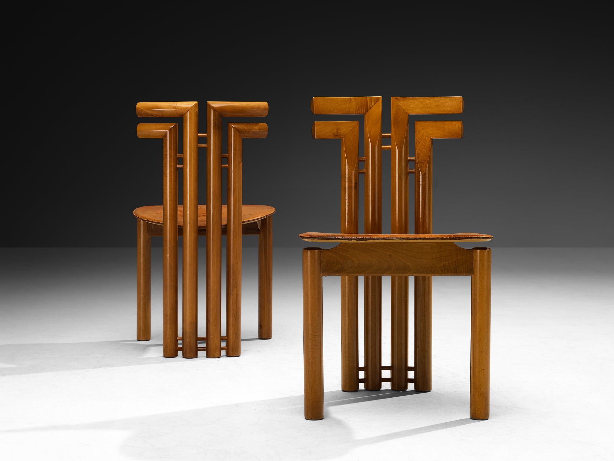 Post-Modern Italian Dining Chairs in Walnut and Cognac Leather Seating Morentz