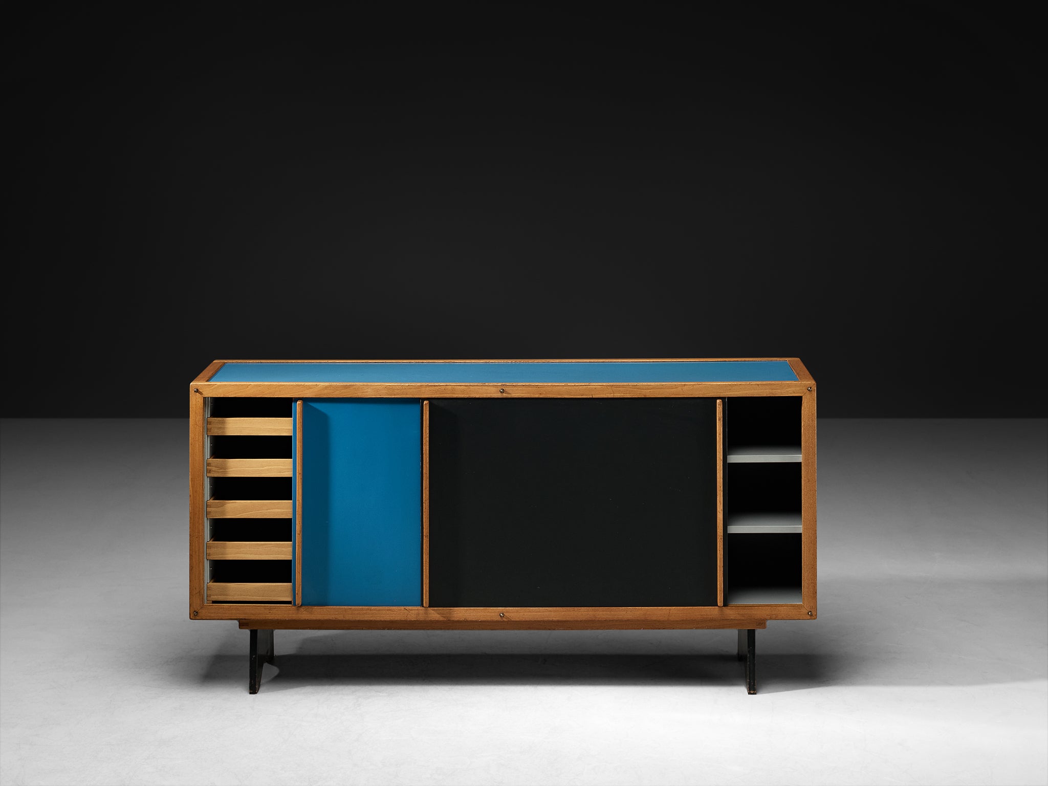 アンディモリ。 André Sornay Rare Sideboard with Double-Sliding Doors in Blue and Blac