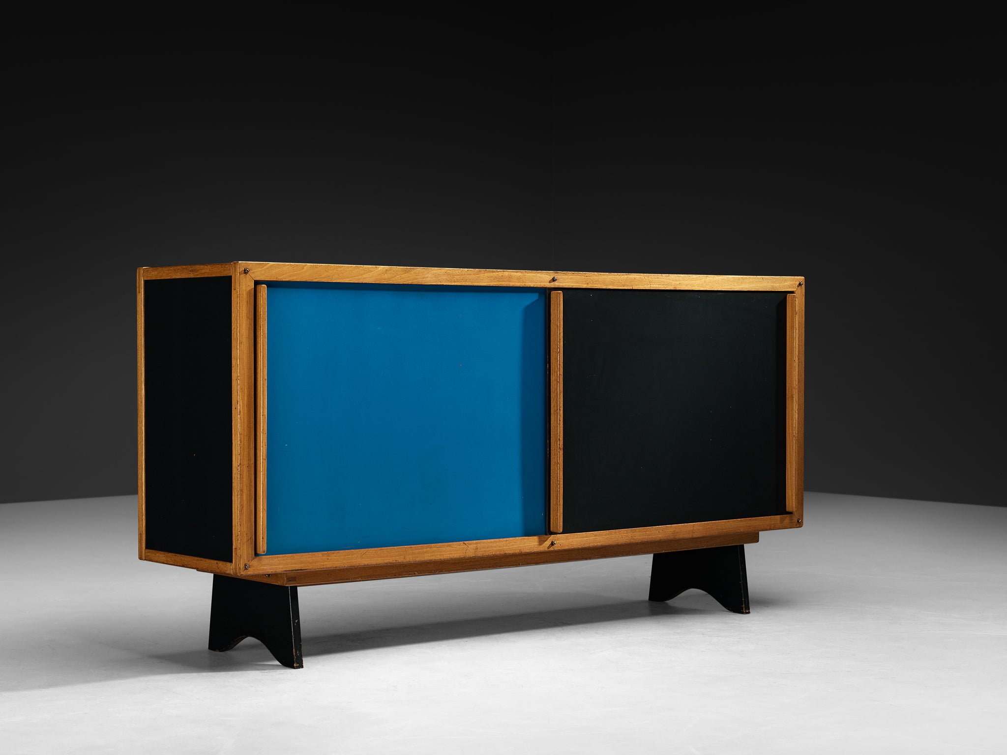 André Sornay Rare Sideboard with Double-Sliding Doors in Blue and Blac