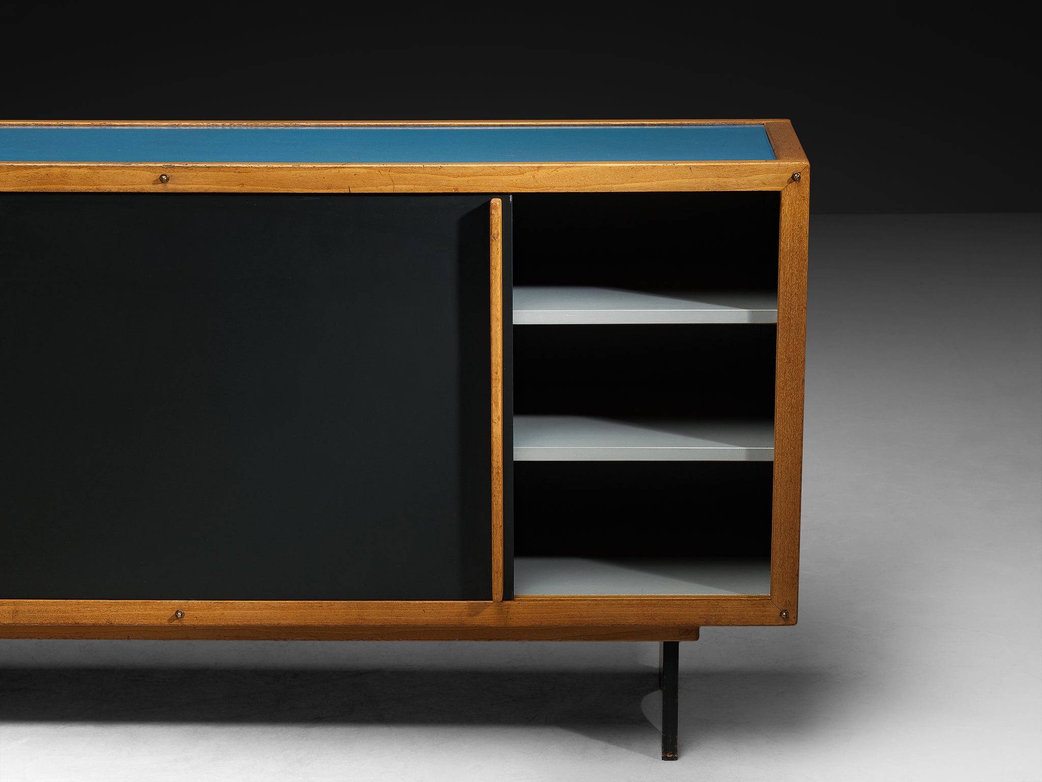 André Sornay Rare Sideboard with Double-Sliding Doors in Blue and Blac