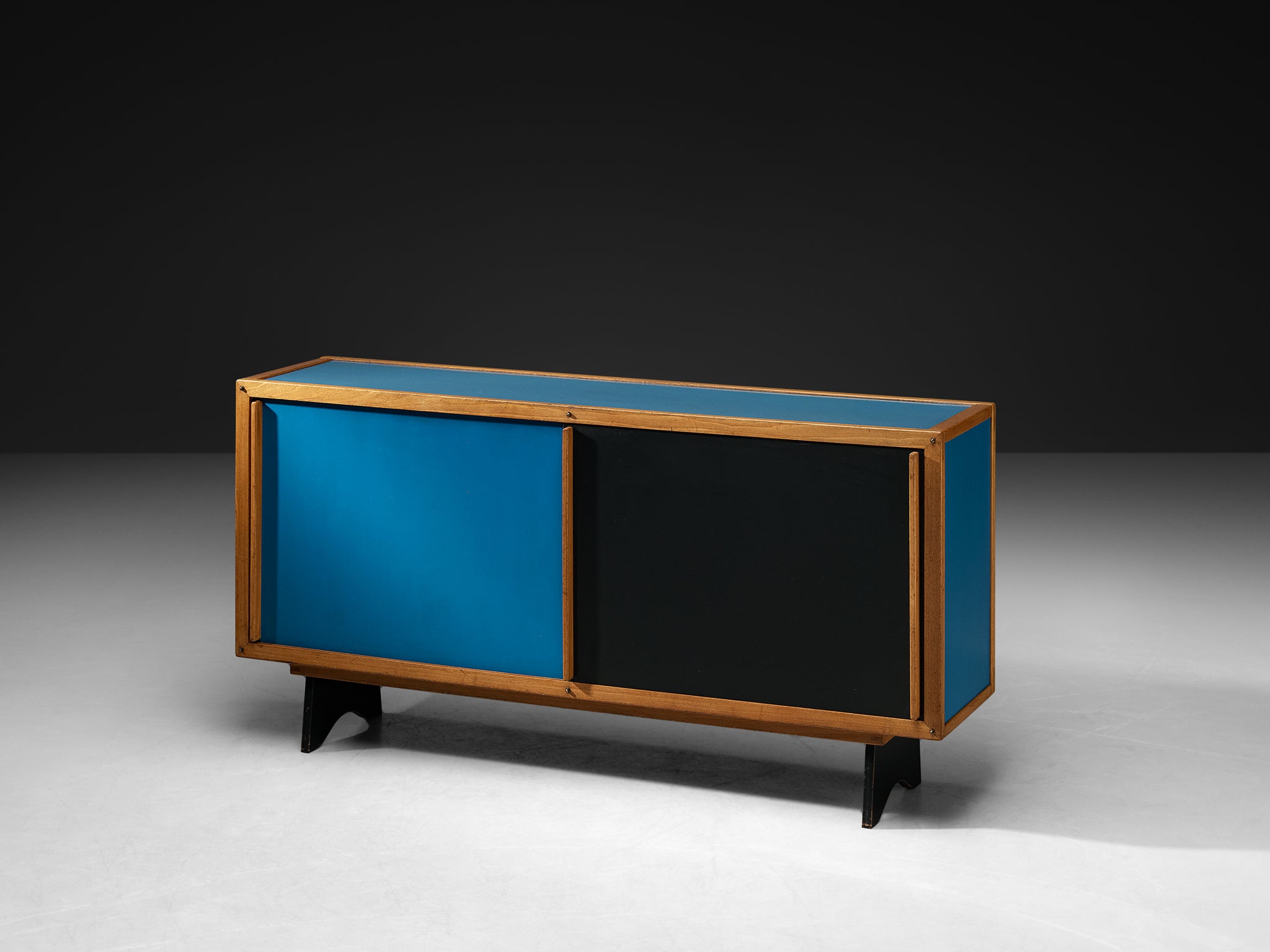 André Sornay Rare Sideboard with Double-Sliding Doors in Blue and Black