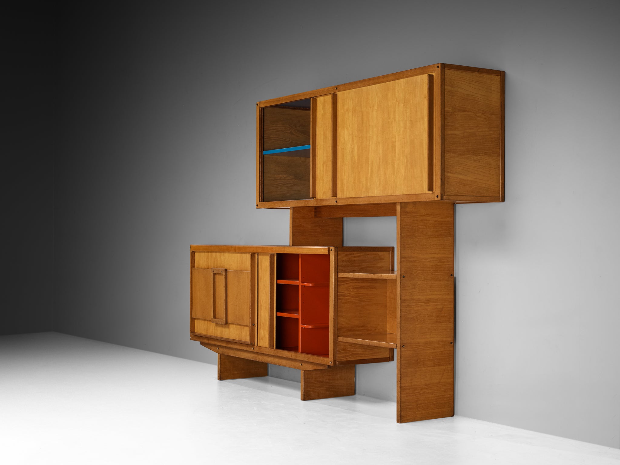 André Sornay Rare Geometric Bookcase with Sliding-Doors in Ash Case pieces and storage cabinets Morentz