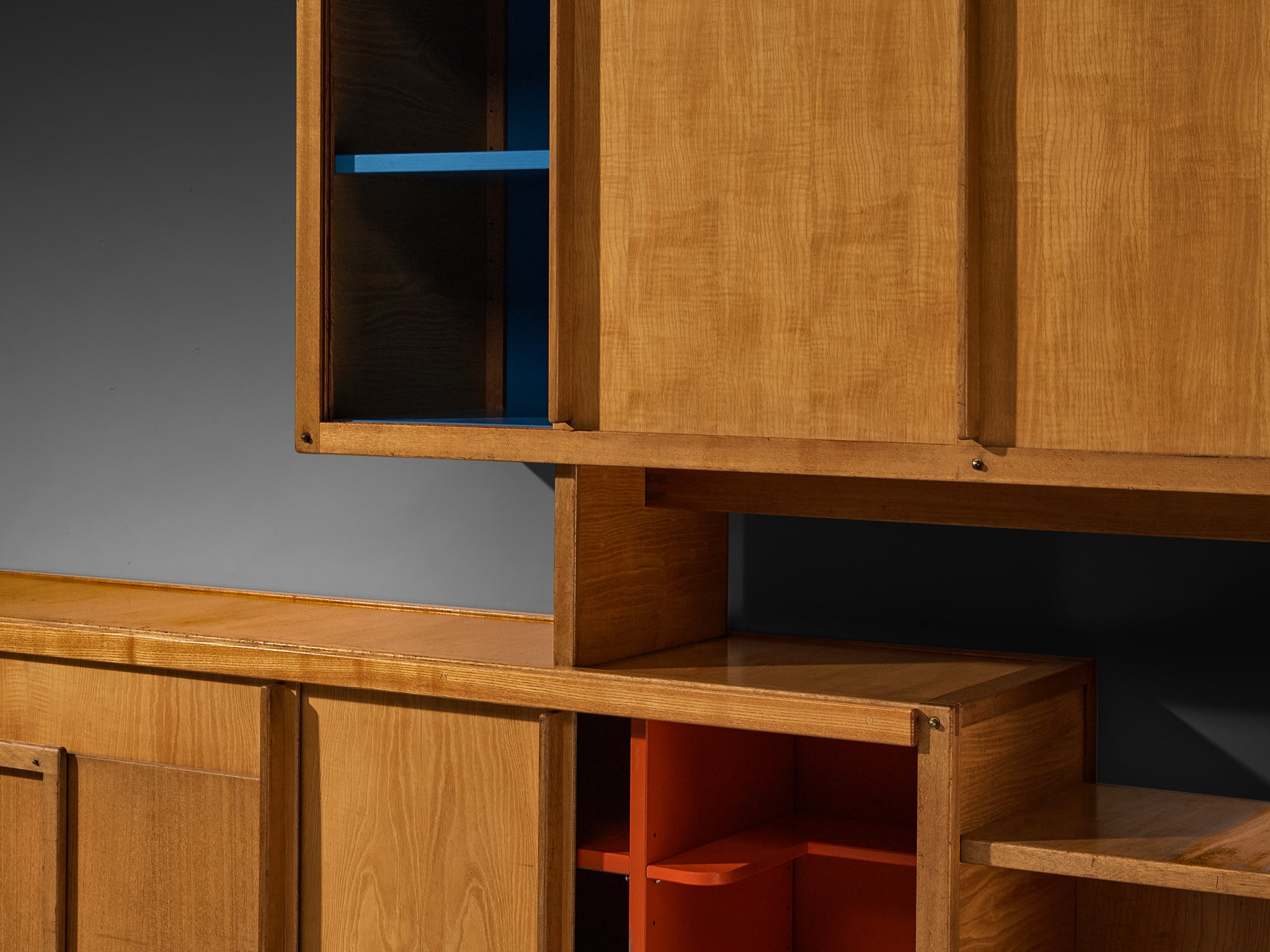 André Sornay Rare Geometric Bookcase with Sliding-Doors in Ash