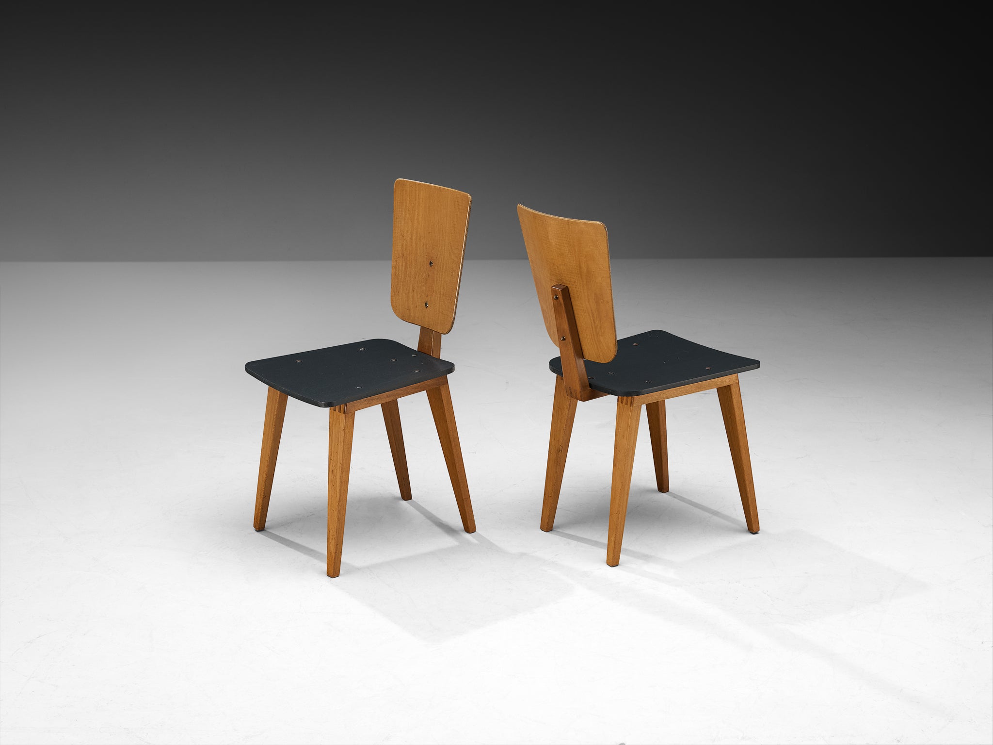 André Sornay Pair of Dining Chairs in Teak and Ash with Dark Grey Seats Seating Morentz