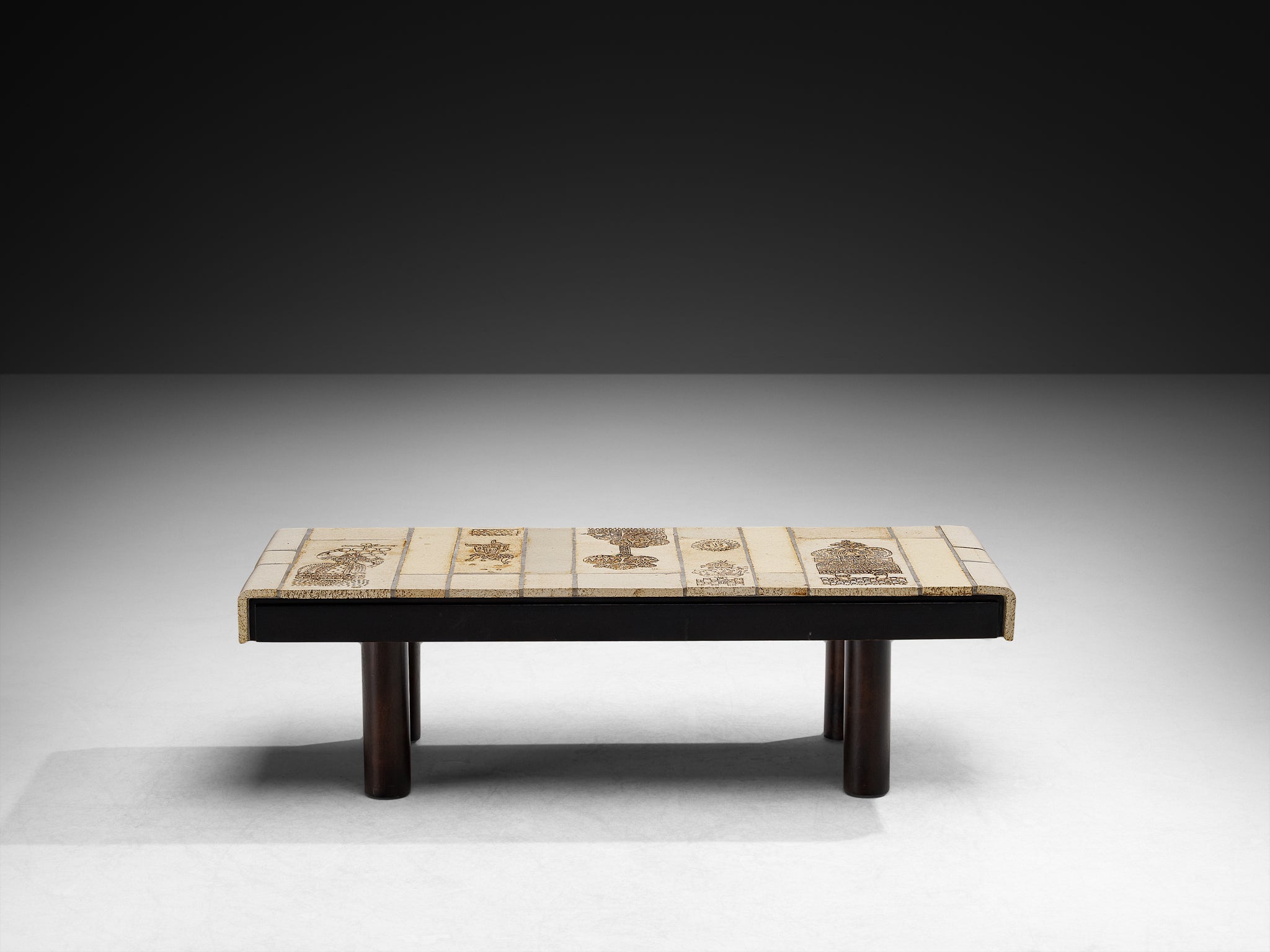 Roger Capron Coffee table with Illustrative Imprints in Ceramic and Wood Tables Morentz