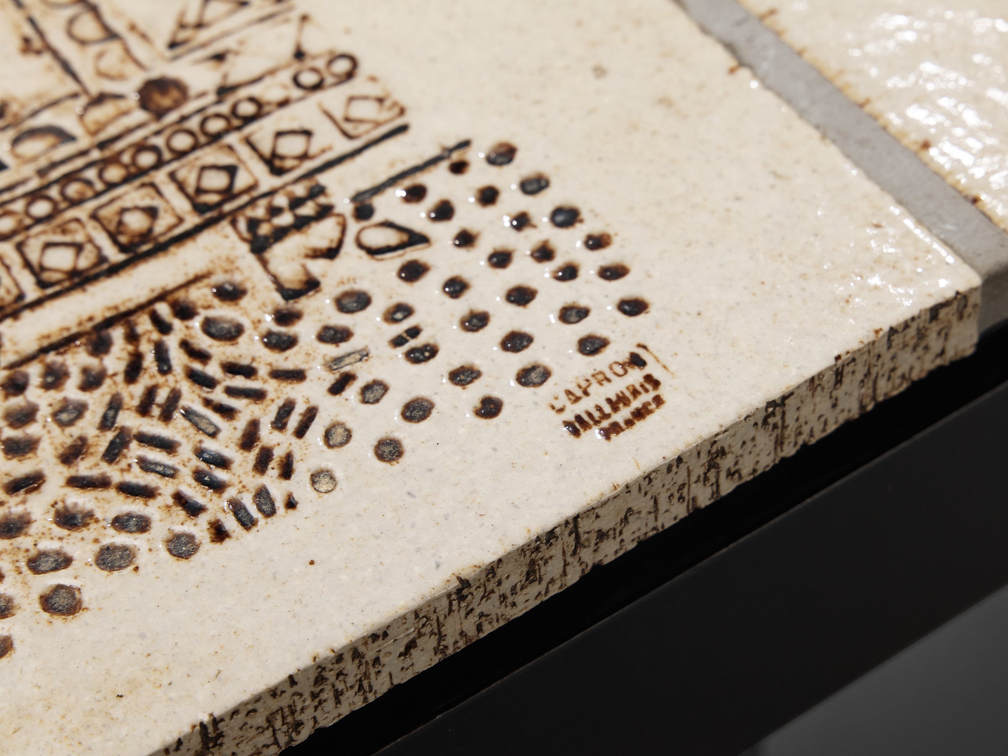 Roger Capron Coffee table with Illustrative Imprints in Ceramic and Wo