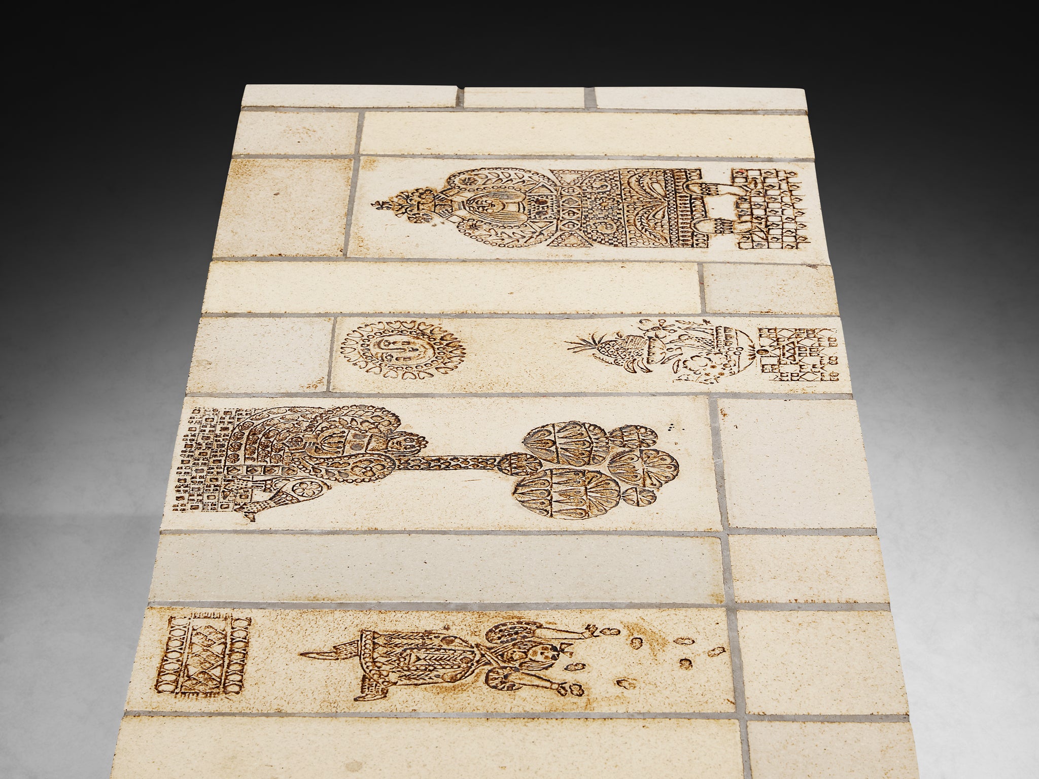 Roger Capron Coffee table with Illustrative Imprints in Ceramic and Wo