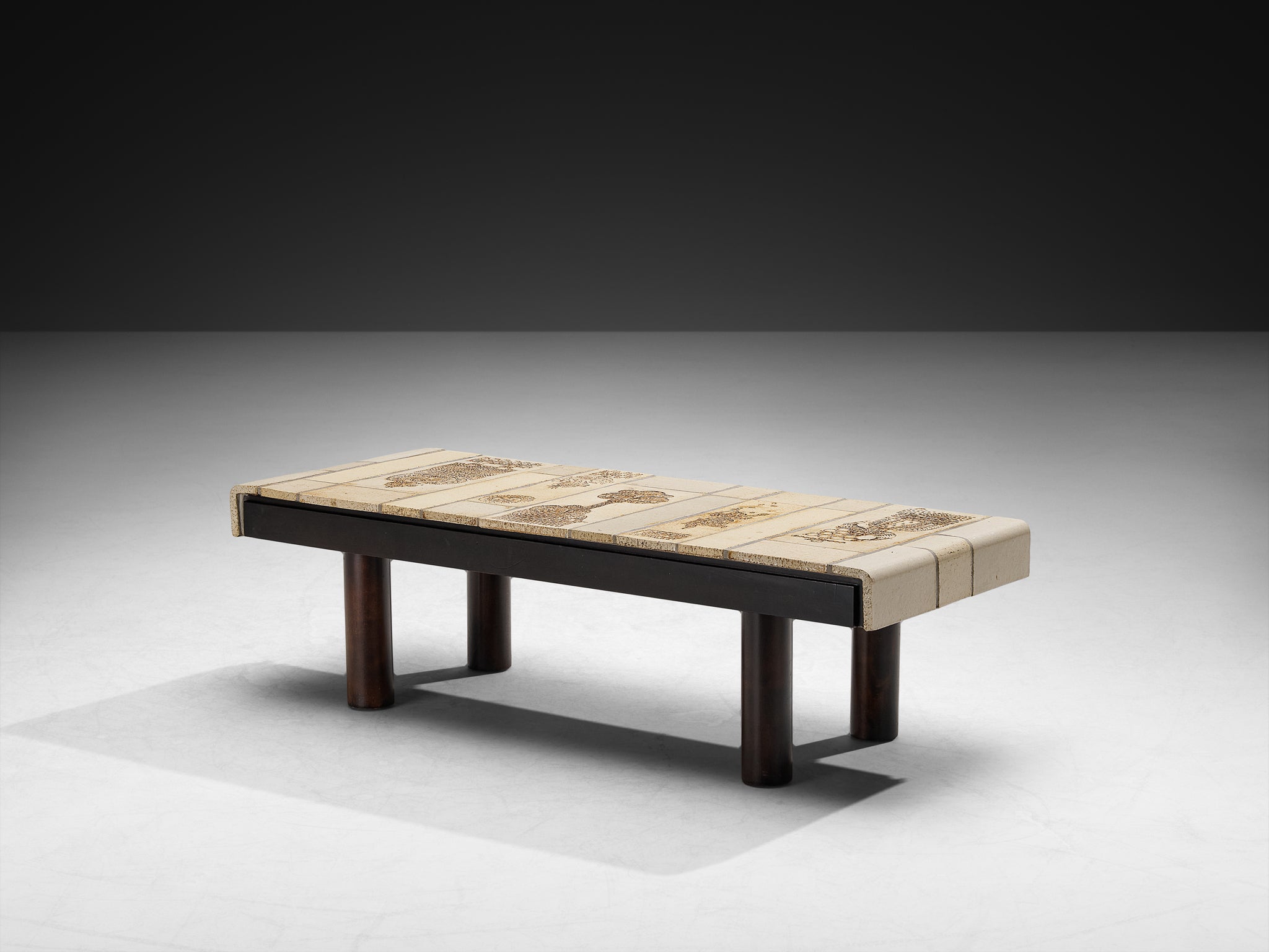 Roger Capron Coffee table with Illustrative Imprints in Ceramic and Wood Tables Morentz