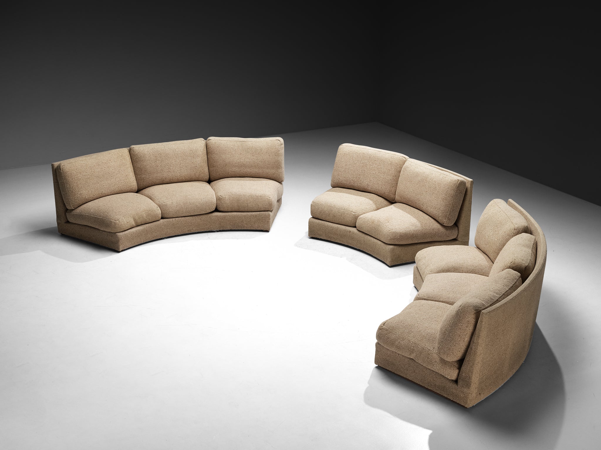 Grand French Mid-Century Modern Modular Curved Sofa in Beige Wool 515cm/202.76in Seating Morentz