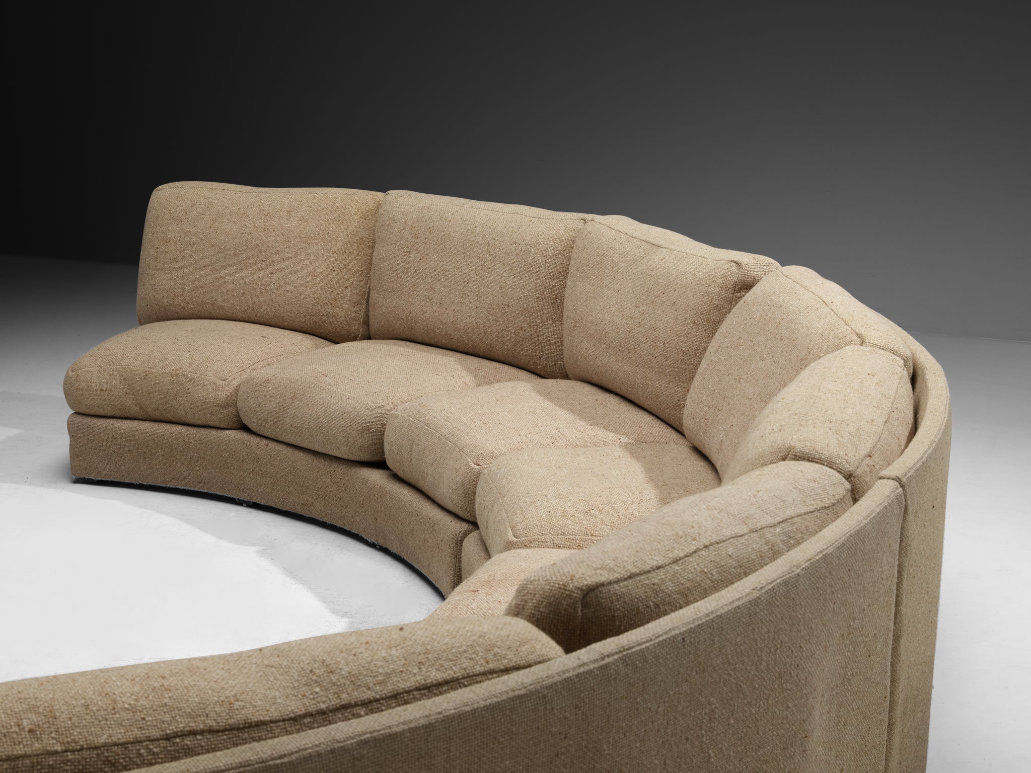 Grand French Mid-Century Modern Modular Curved Sofa in Beige Wool 515cm/202.76in Seating Morentz