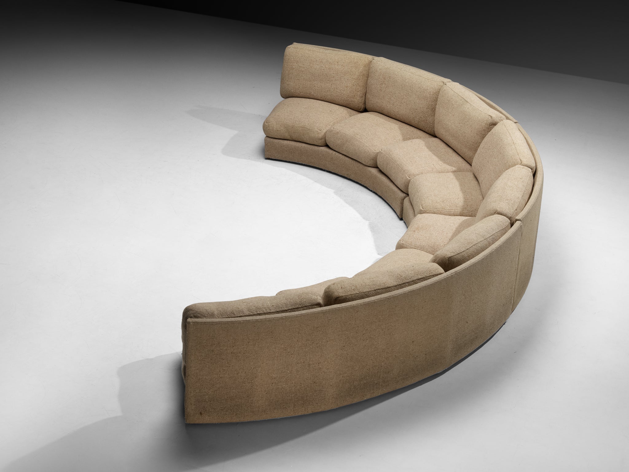 Grand French Mid-Century Modern Modular Curved Sofa in Beige Wool 515cm/202.76in Seating Morentz