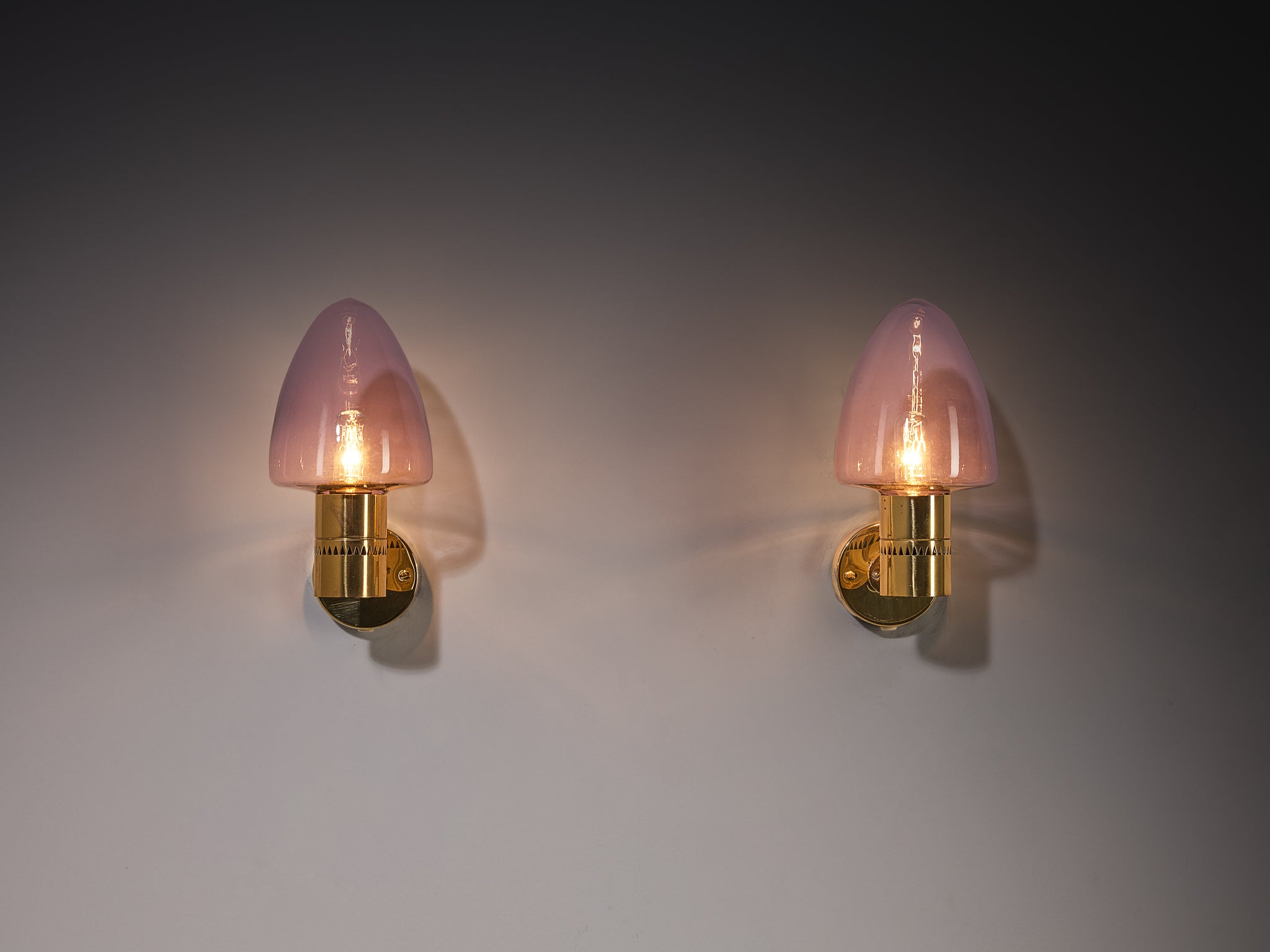 Hans-Agne Jakobsson Wall Lamps 'V-220' in Brass and Purple Glass
