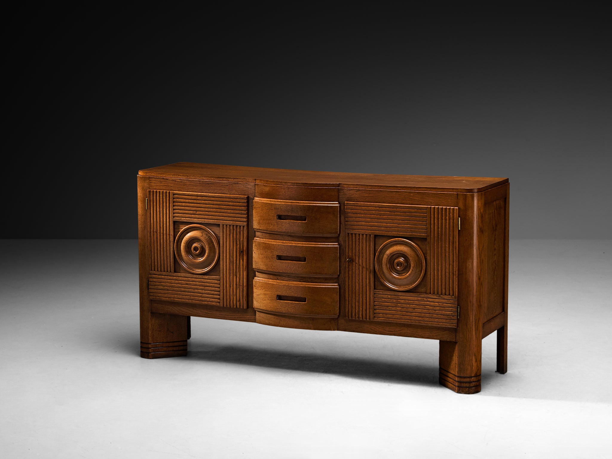 Graphic French Art Deco Sideboard in Patinated Oak Case pieces and storage cabinets Morentz