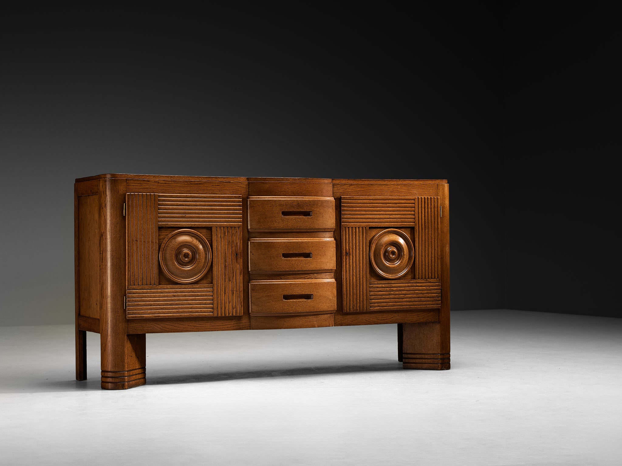 Graphic French Art Deco Sideboard in Patinated Oak Case pieces and storage cabinets Morentz