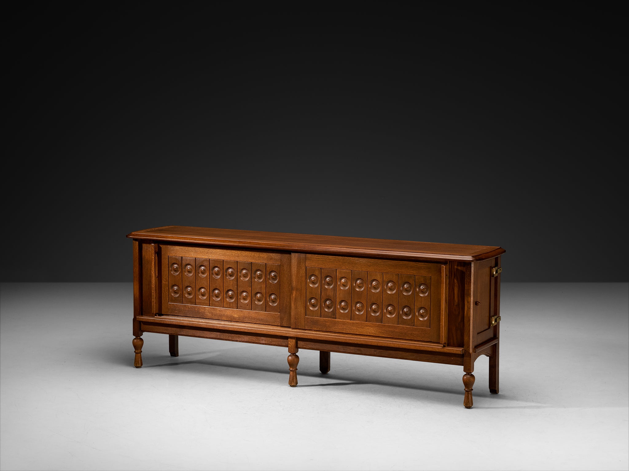Guillerme et Chambron Sculptural Carved Sideboard in Solid Oak and Brass