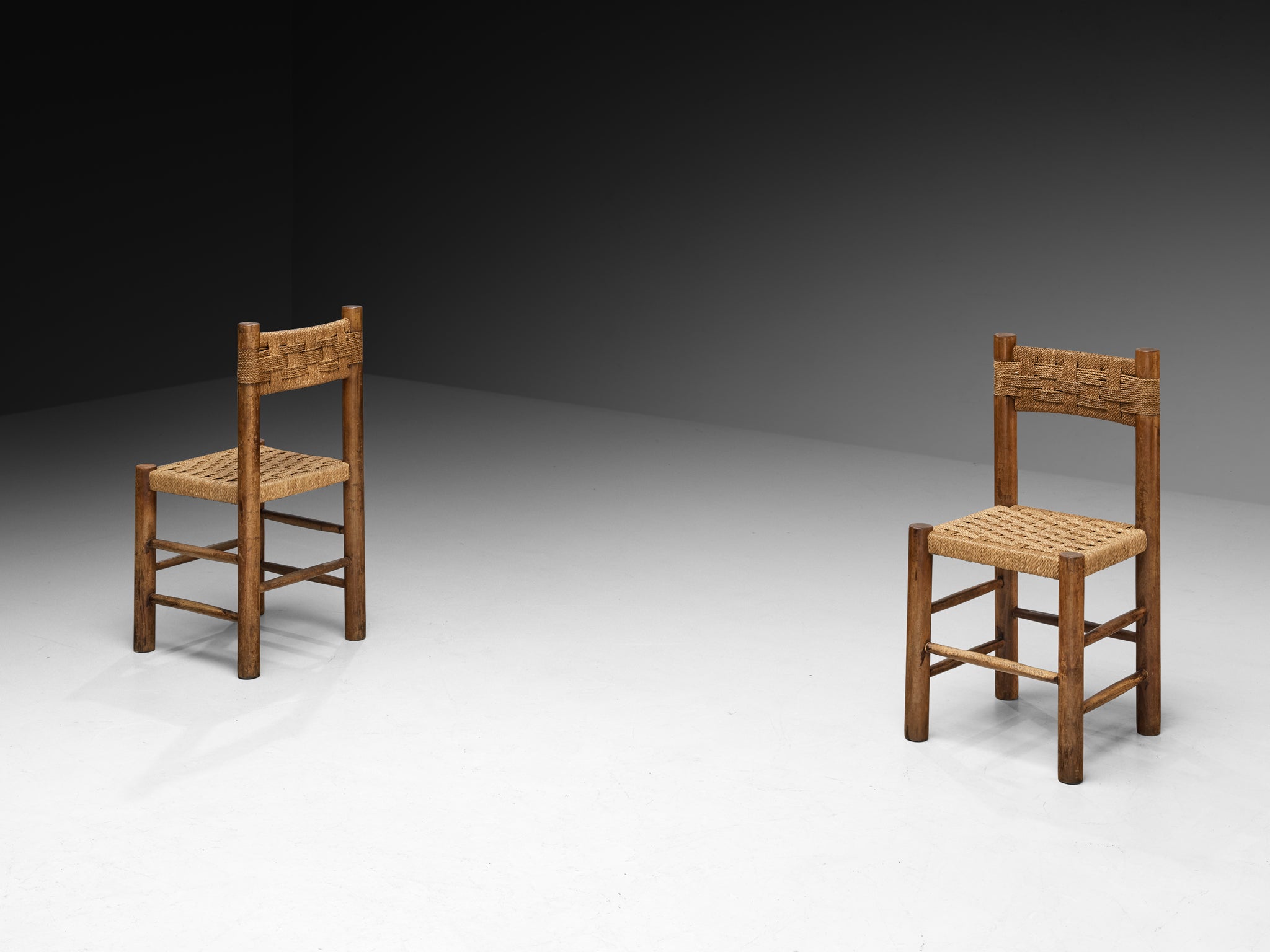 French Mid-Century Rustic Modern Dining Chairs in Wood and Rush