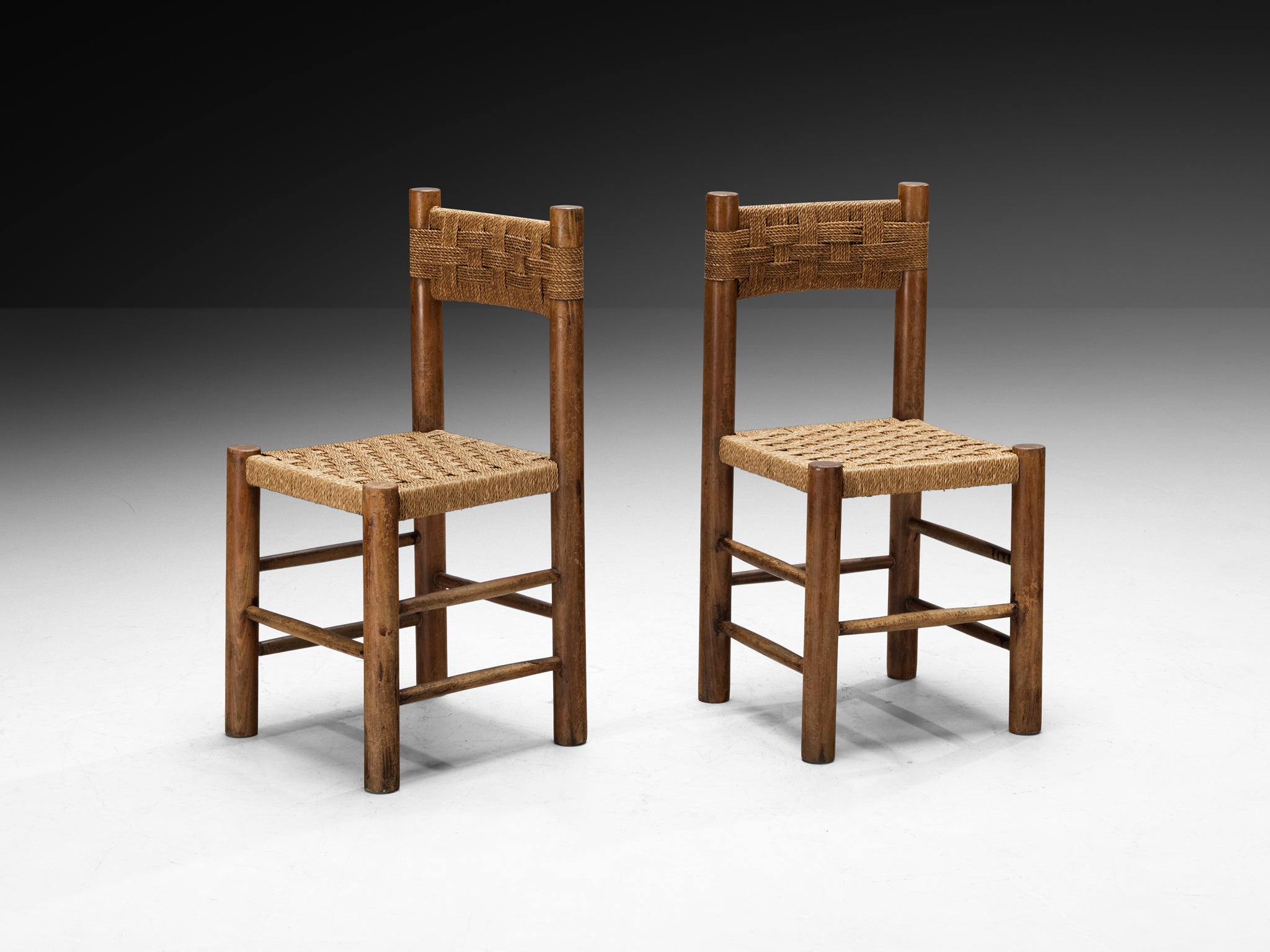 French Mid-Century Rustic Modern Dining Chairs in Wood and Rush