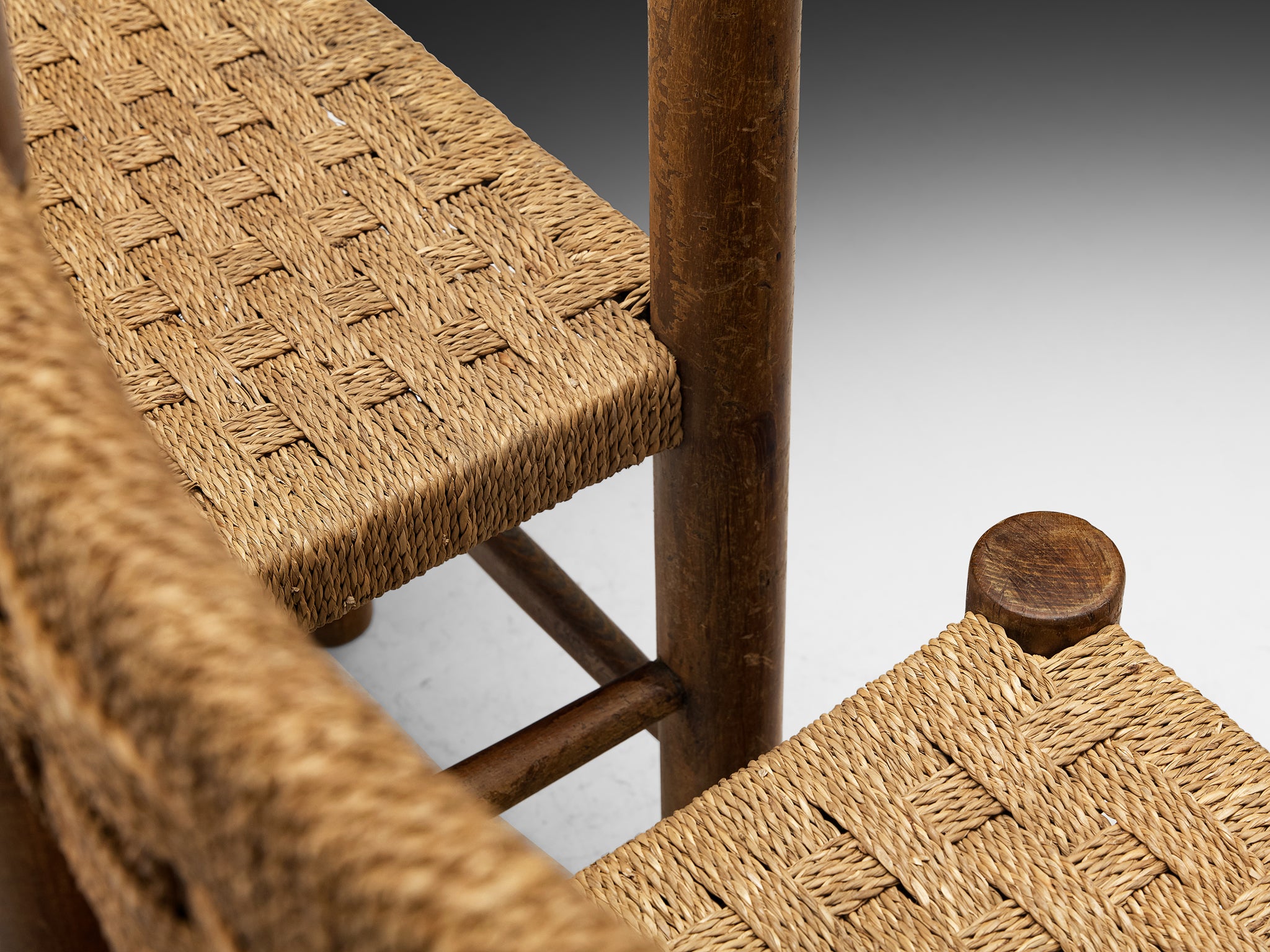 French Mid-Century Rustic Modern Dining Chairs in Wood and Rush