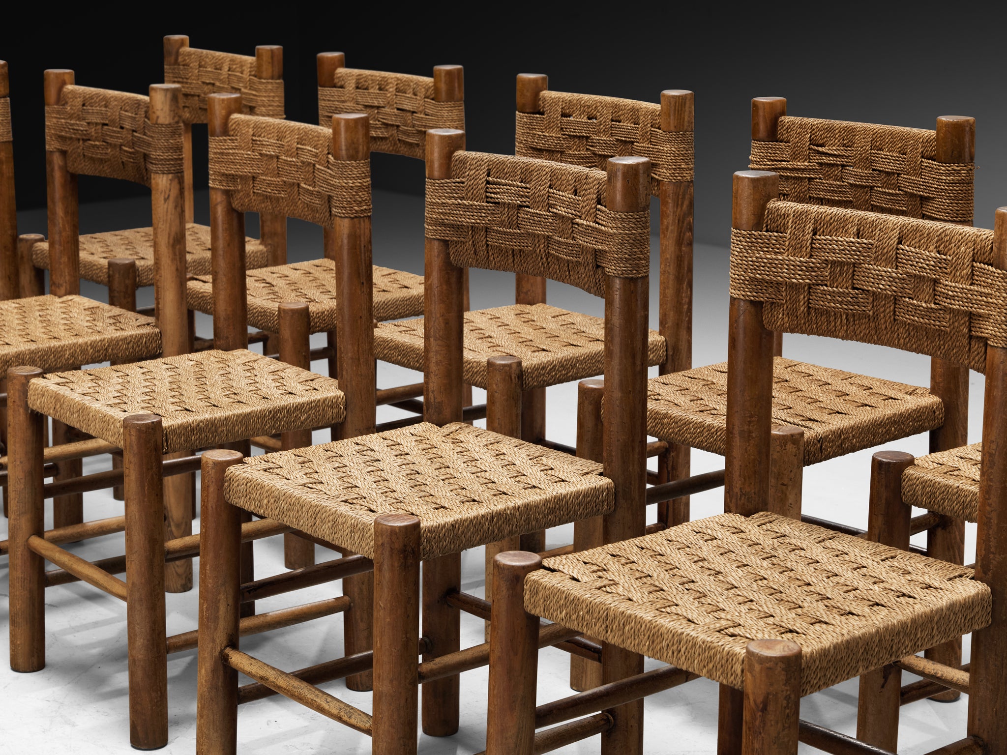 French Mid-Century Rustic Modern Dining Chairs in Wood and Rush