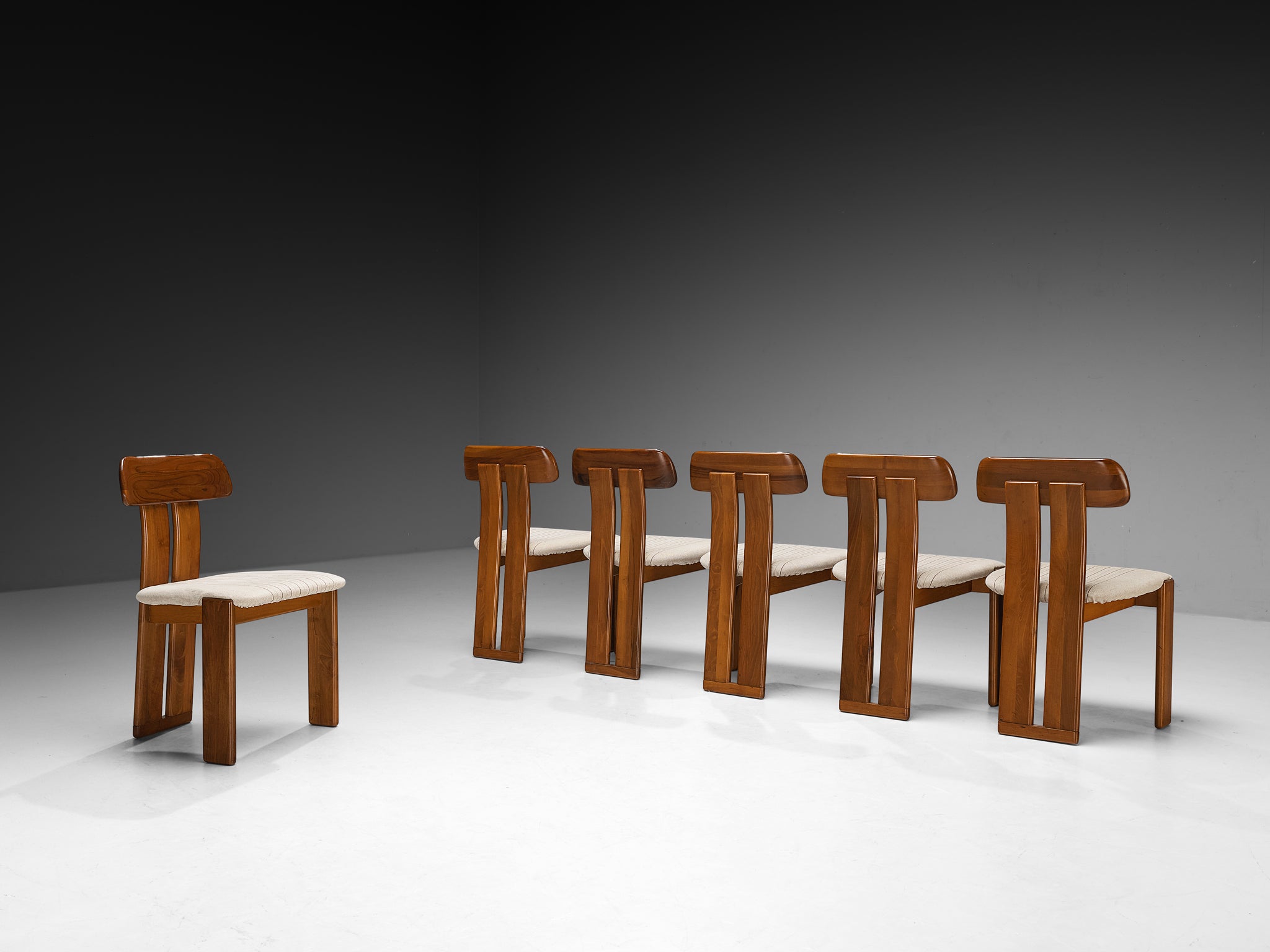 Mario Marenco for Mobil Girgi Set of Six 'Sapporo' Dining Chairs in Walnut and White Upholstery Seating Morentz