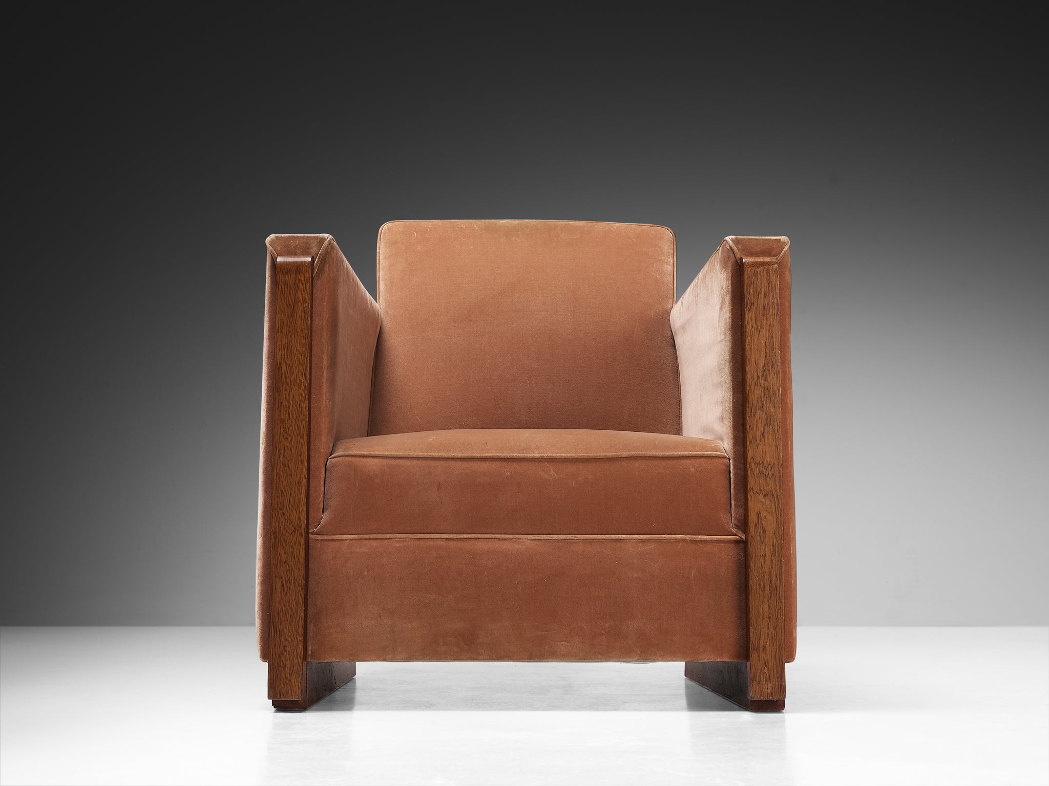 French Art Deco Pair of Club Chairs in Peach Brown Velvet and Mahogany Seating Morentz