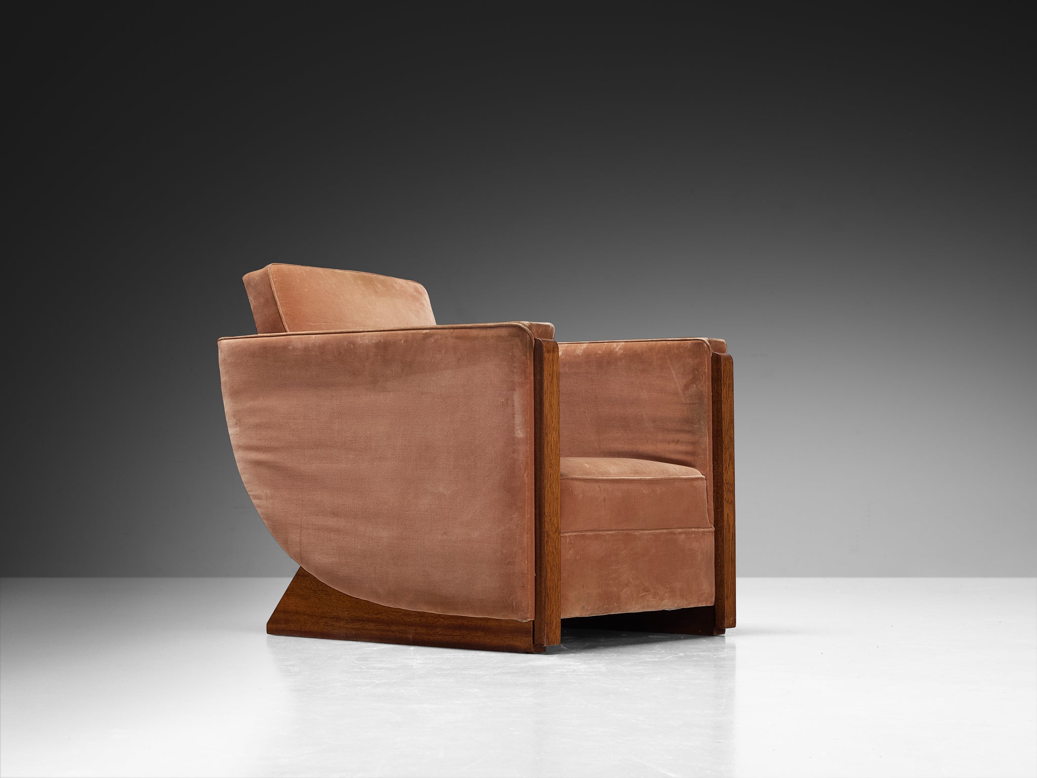 French Art Deco Pair of Club Chairs in Peach Brown Velvet and Mahogany Seating Morentz