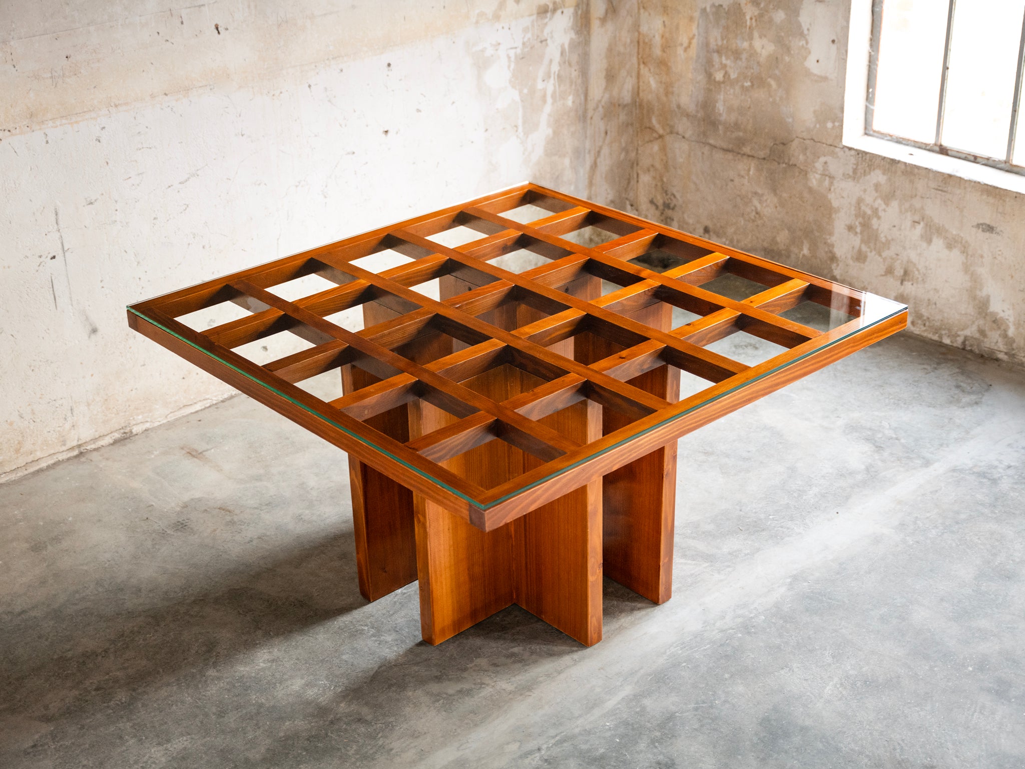 Gianfranco Fini for Poltronova 'Regolo' Square Dining Table in Pine and Glass