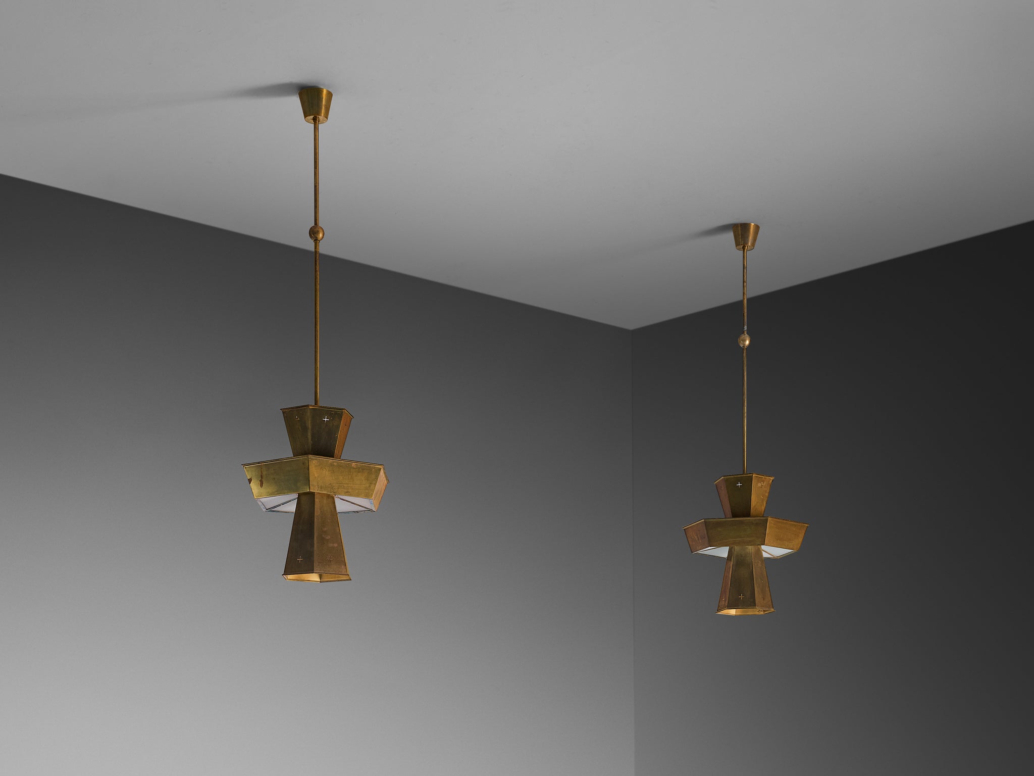 Rare Pair of Swedish 1950s Monumental Brass Pendant Lamps Lighting Morentz