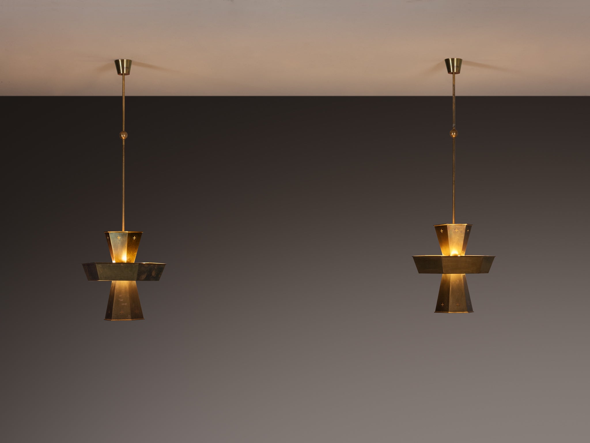 Rare Pair of Swedish 1950s Monumental Brass Pendant Lamps Lighting Morentz