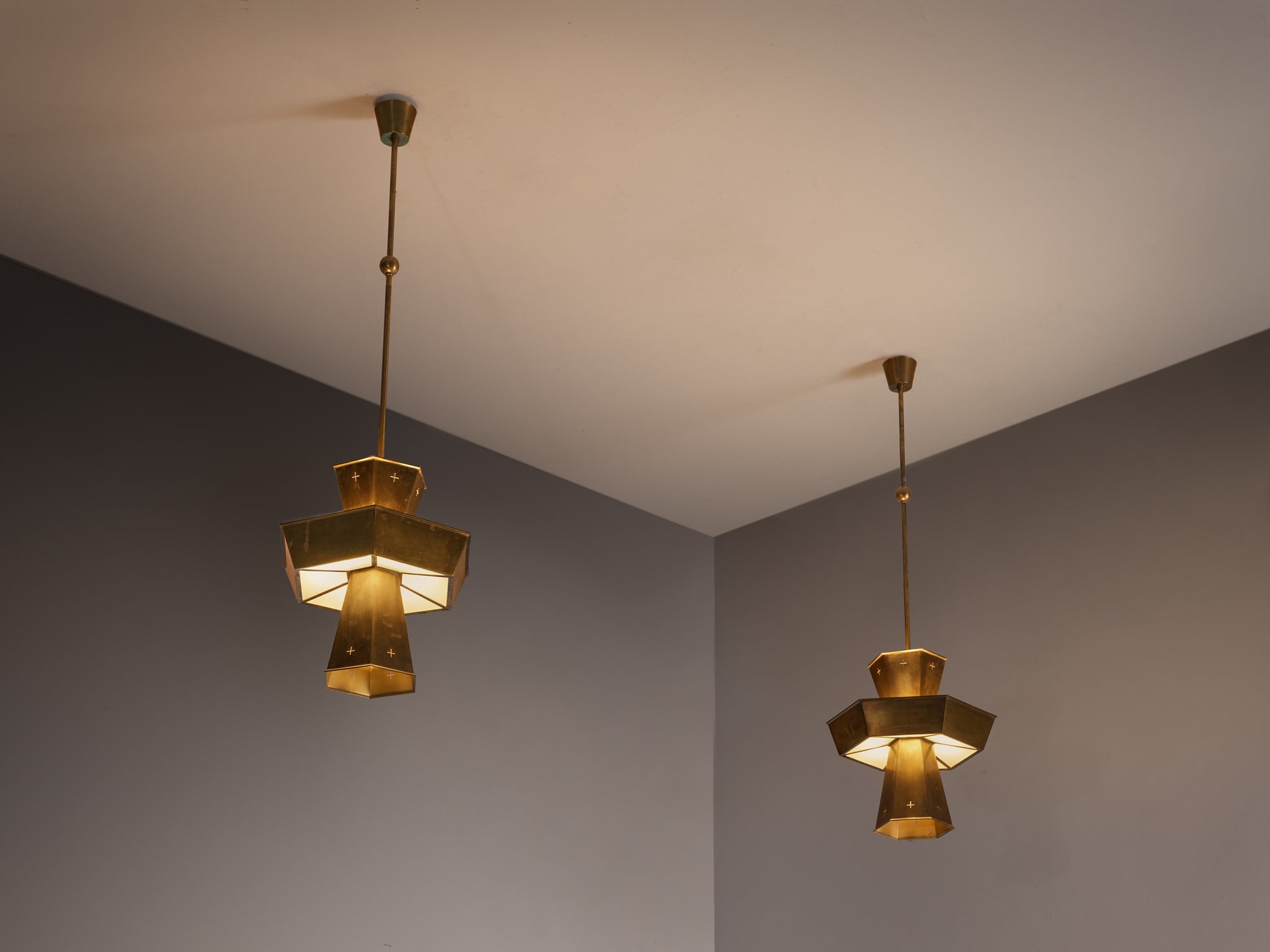 Rare Pair of Swedish 1950s Monumental Brass Pendant Lamps Lighting Morentz