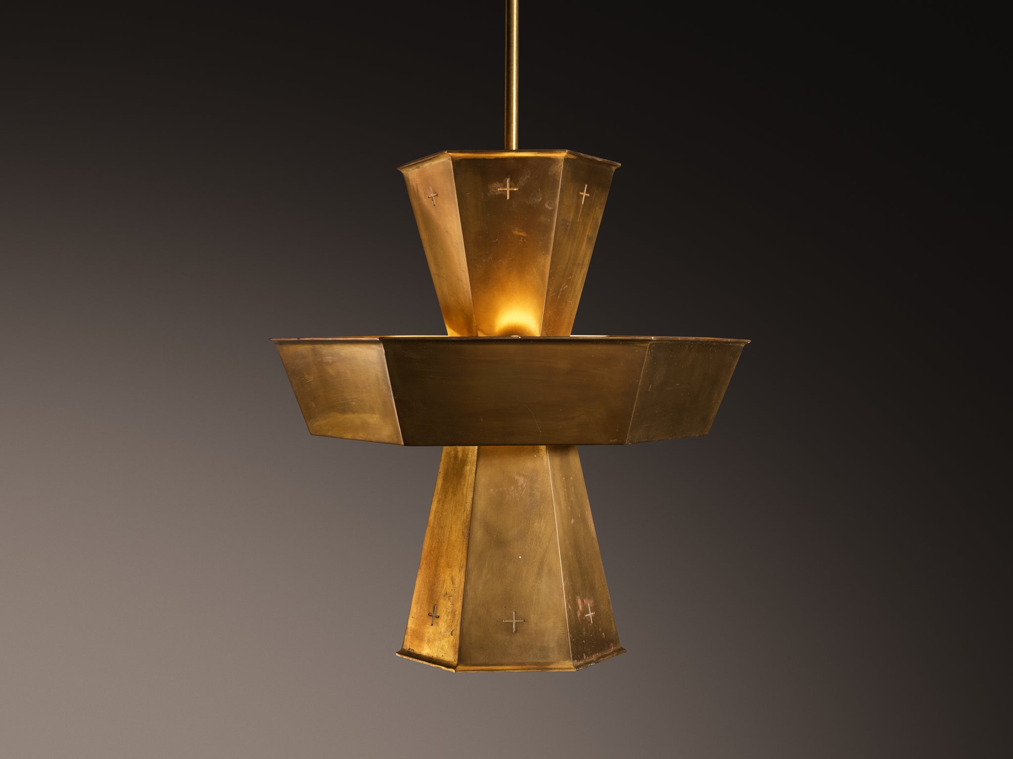 Rare Pair of Swedish 1950s Monumental Brass Pendant Lamps Lighting Morentz