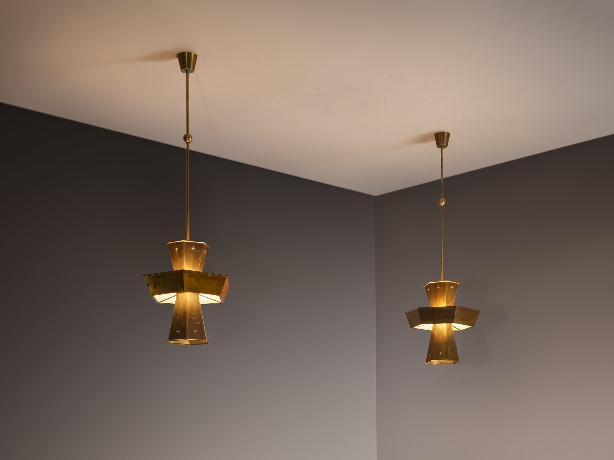 Rare Pair of Swedish 1950s Monumental Brass Pendant Lamps Lighting Morentz