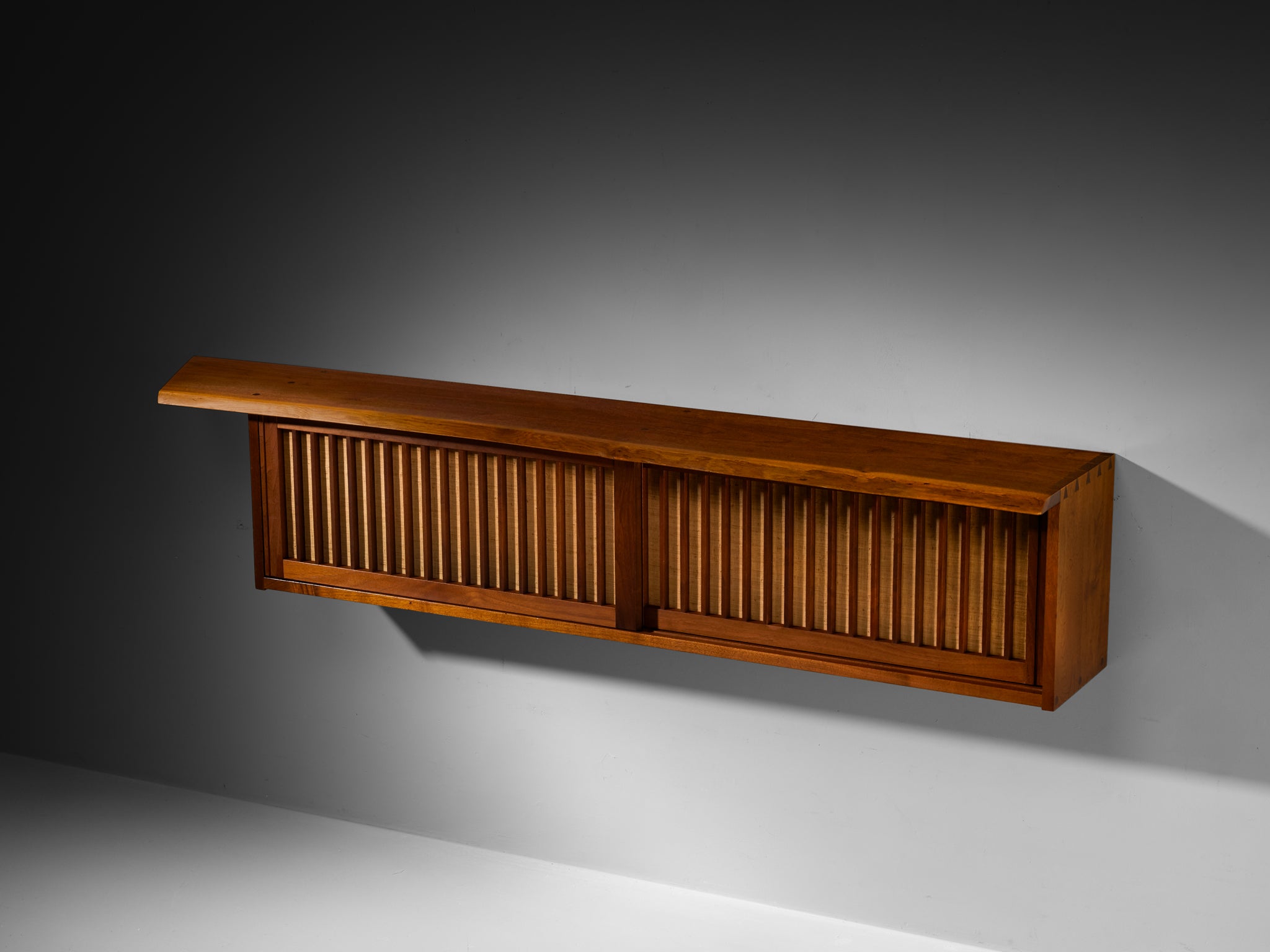 George Nakashima Wall-Mounted Sideboard in Walnut and Pandanus Cloth Case pieces and storage cabinets Morentz