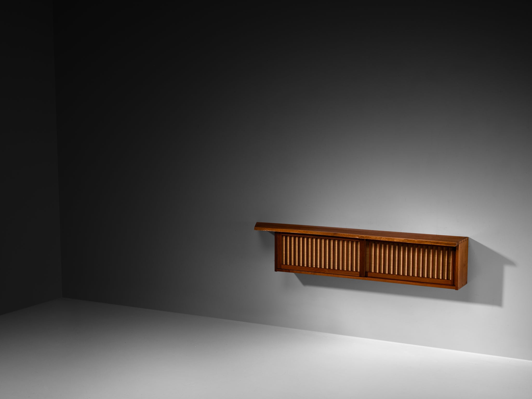 George Nakashima Wall-Mounted Sideboard in Walnut and Pandanus Cloth Case pieces and storage cabinets Morentz